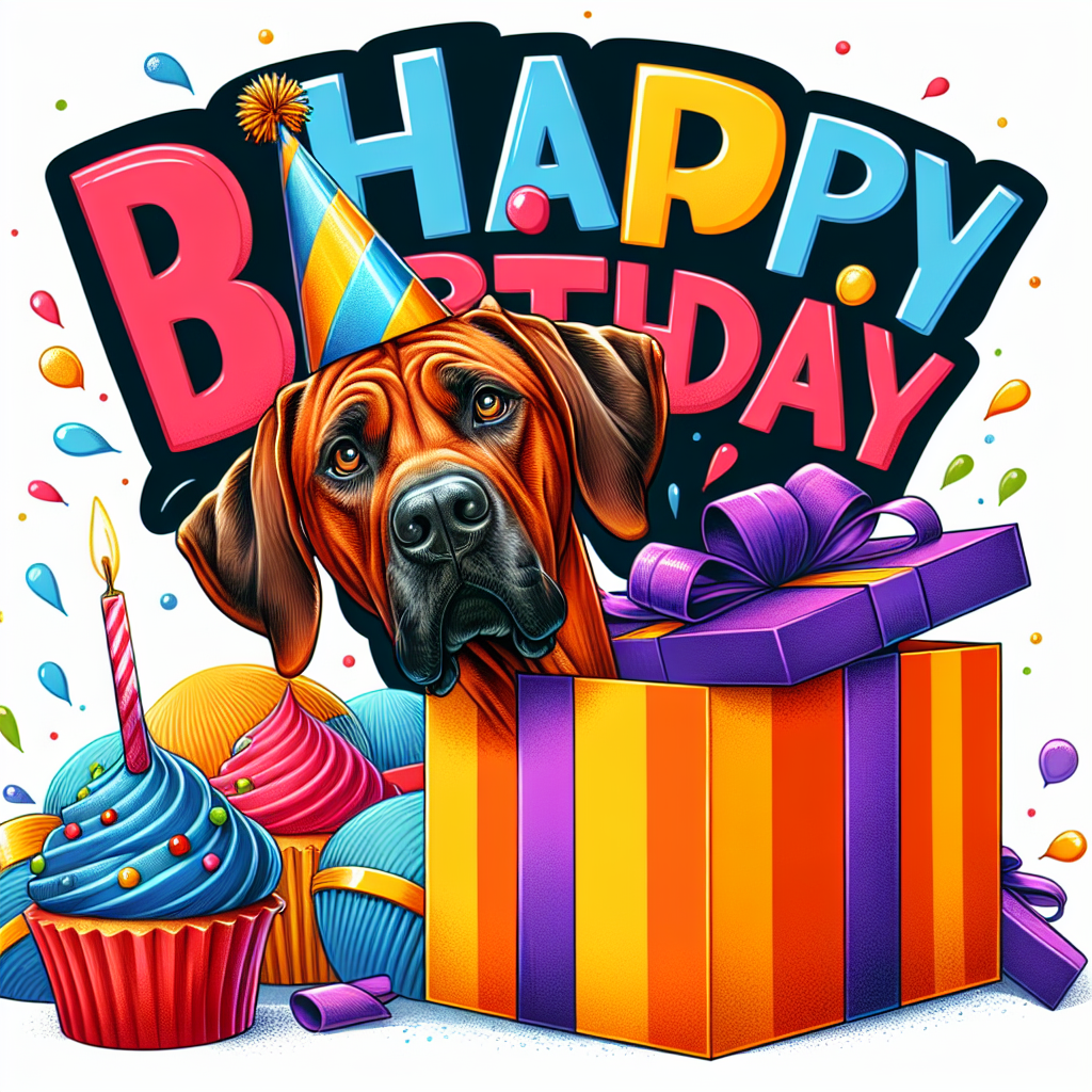 The drawing showcases a curious Rhodesian Ridgeback peeking its head through a giant, brightly wrapped birthday present. Party hats and cupcakes adorn the space, while 'Happy Birthday' is scripted across the top in bold, cheerful letters, complementing the dog’s festive spirit.
Generated with these themes: Rhodesian Ridgeback  .
Made with ❤️ by AI.