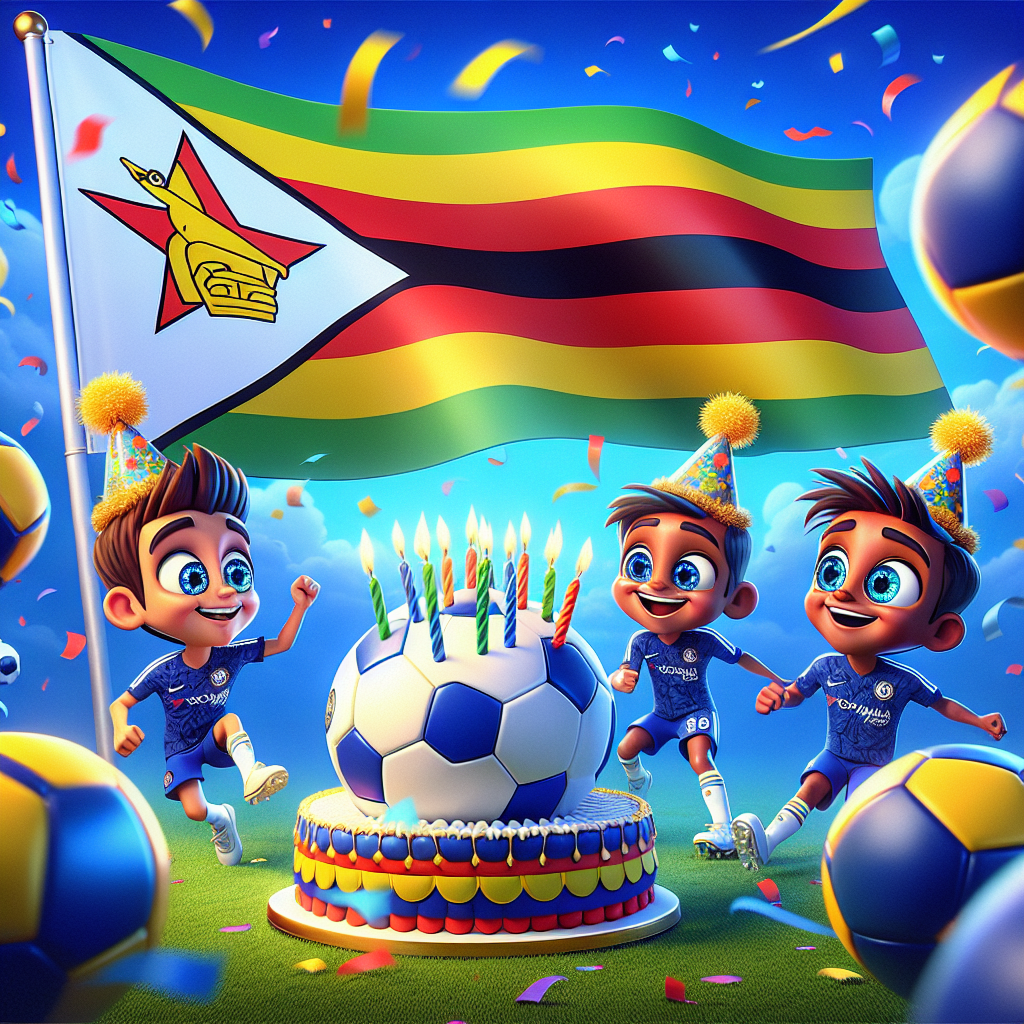 Visualize an enchanting scene incorporating the joyful elements of a birthday celebration and the charming aesthetics of a cartoon. The focus of the scene is a brightly waving Zimbabwean flag set against a sky showered with confetti. Below, cartoon characters with oversized heads and wide, shimmering eyes wearing Chelsea football uniforms playfully kick a round, cartoon football. The football, made to look cute by being adorned with a birthday hat, stands at the heart of the image, acting as a symbol of celebration for the sport and the special occasion. A cartoonized cake, frosted in the colors of the Zimbabwe flag sits festooned with blue candles, creating a sense of anticipation for the moment of blowing out candles amidst laughter and cheer.
Generated with these themes: Zimbabwe flag, Chelsea , and Football .
Made with ❤️ by AI.