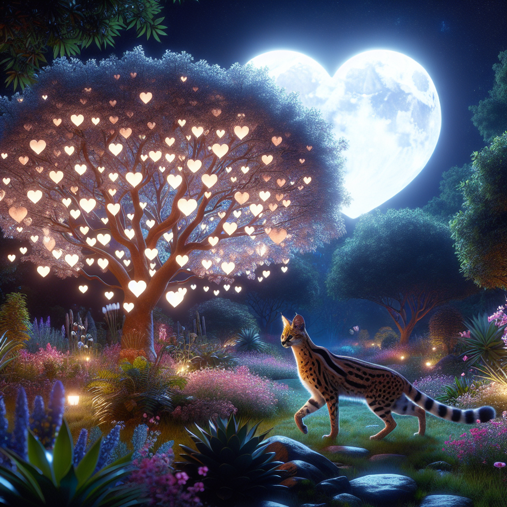 Envision a serene, peaceful garden illuminated under the soft glow of a heart-shaped moon, its gentle luminescence casting a whimsical ambiance across the landscape. A majestic serval, characterized by its distinctive spotted coat, moves gracefully amidst the diverse flora, subtly blending with its surroundings. The tranquility of the environment is accentuated by a captivating tree, laden with heart-shaped leaves that rustle gently in the cool nocturnal breeze. This enchanting tableau encapsulates a spirit of romanticism, perfectly suited to a Valentine's Day theme.
Generated with these themes: Serval, Peaceful garden, Under heart moon, and With heart shaped leaves on a tree.
Made with ❤️ by AI.