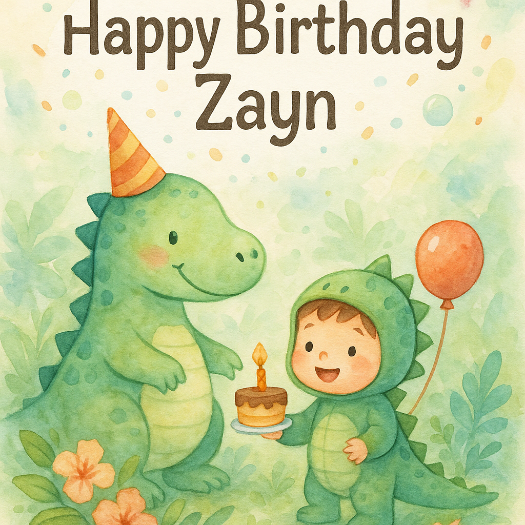 At the center of the Watercolor Style image, in large, legible text that does not touch or go beyond the edge, write **"Happy Birthday Zayn"**.

Create a delightful watercolor scene that brings joy and whimsy to Zayn's birthday celebration. Picture a charming dinosaur in playful hues of green and blue, sporting a jaunty party hat. The dino is standing amid a lush, watercolor jungle with gentle washes of verdant foliage and softly blooming tropical flowers. Nearby, a small boy in a cute dinosaur costume joins in the fun, both of them sharing a moment of joy, perhaps holding a tiny cake or a brightly colored balloon. Above, a gentle arc of pastel confetti and floating bubbles adds to the festive feel, perfectly capturing the enchantment of a dino boy birthday adventure. The entire composition is enveloped in soft, airy watercolor textures, creating a scene that is both charming and heartwarming, perfect for a special birthday greeting.
Generated with these themes: Dinosaur , dino boy birthday, and .
Made with ❤️ by AI.