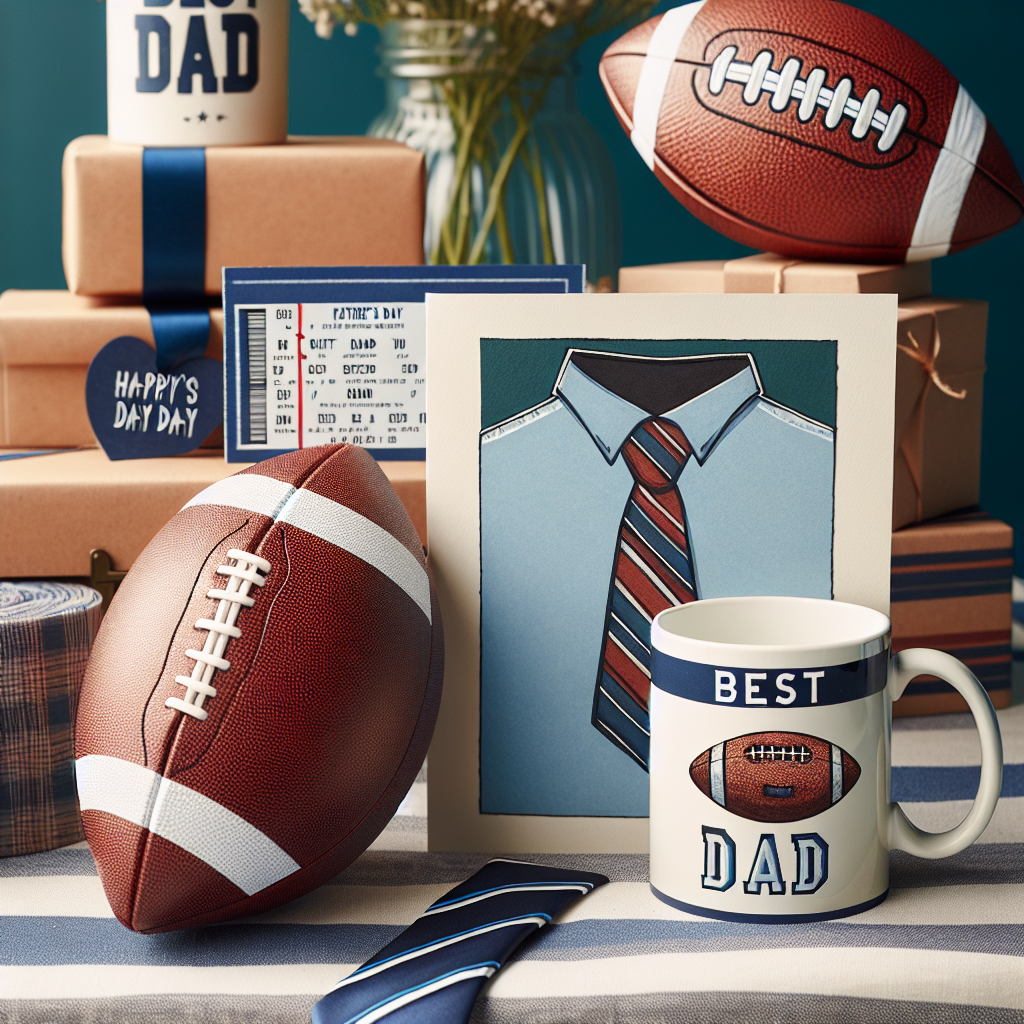 An image showing a cozy and heartwarming scene. A generic football is positioned amidst an array of Father's Day gifts. These include an elegant tie, a 'Best Dad' mug, and tickets to a nondescript football game. The gifts are artistically arrayed on a blue-and-white striped tablecloth, symbolizing classic team colors. A Father's Day card stands propped up at the rear, proudly showcasing a hand-drawn image of a generic football team mascot, adding a personal touch to this endearing celebration.
Generated with these themes: Chesterfield FC.
Made with ❤️ by AI.