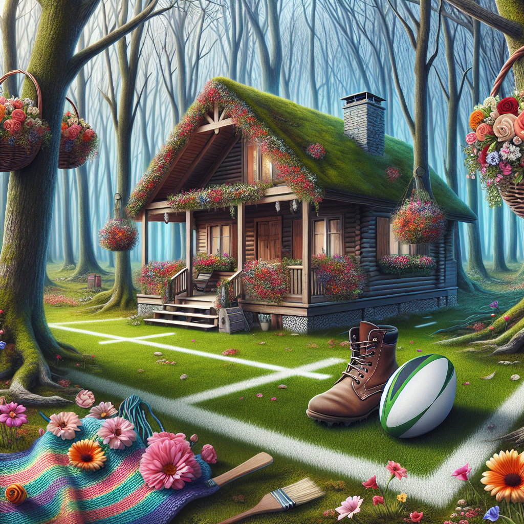 Visualize a tranquil scene within a forest clearing where a charming cabin can be seen among the trees. The cabin's wooden exterior is decorated with hanging baskets filled with vibrantly hued flowers that sway lightly in the breeze of the spring season. A rugby ball is placed next to some well-used boots on the cabin's porch, suggesting an enjoyable afternoon outdoors. A hand-knitted scarf, featuring soft pastel colors, hangs casually over the porch railing as a representation of Mother's Day warmth. The festivity of the occasion is illustrated by a creatively made try line, delineated by flowers on the vibrant green grass, encasing the cabin in a festive and comfortable manner.
Generated with these themes: Rugby woods cabin flowers Rugby try.
Made with ❤️ by AI.