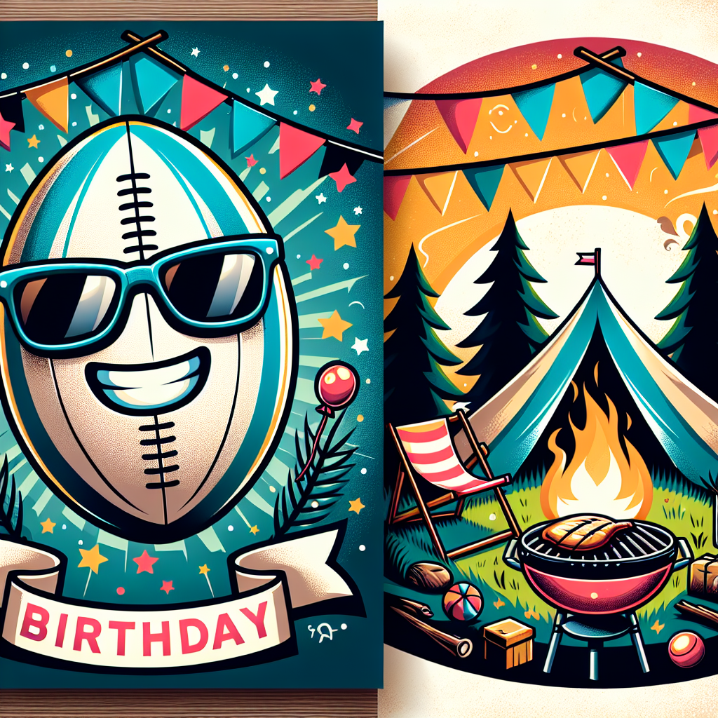 Create a captivating vector illustration set against a lively birthday backdrop. The background features celebratory bunting swaying in the breeze. The centerpiece of the design is an endearingly cool, sunglass-sporting rugby ball that grins mischievously. Adjacent to the rugby ball, there is a snug camping scene: a tent is hidden amongst scattered pine trees, a campfire flickers with warmth, and a grill sizzles with appetizing food that is waiting to be devoured.
Generated with these themes: Rugby, Camping, Sunglasses, Food, and Cool.
Made with ❤️ by AI.