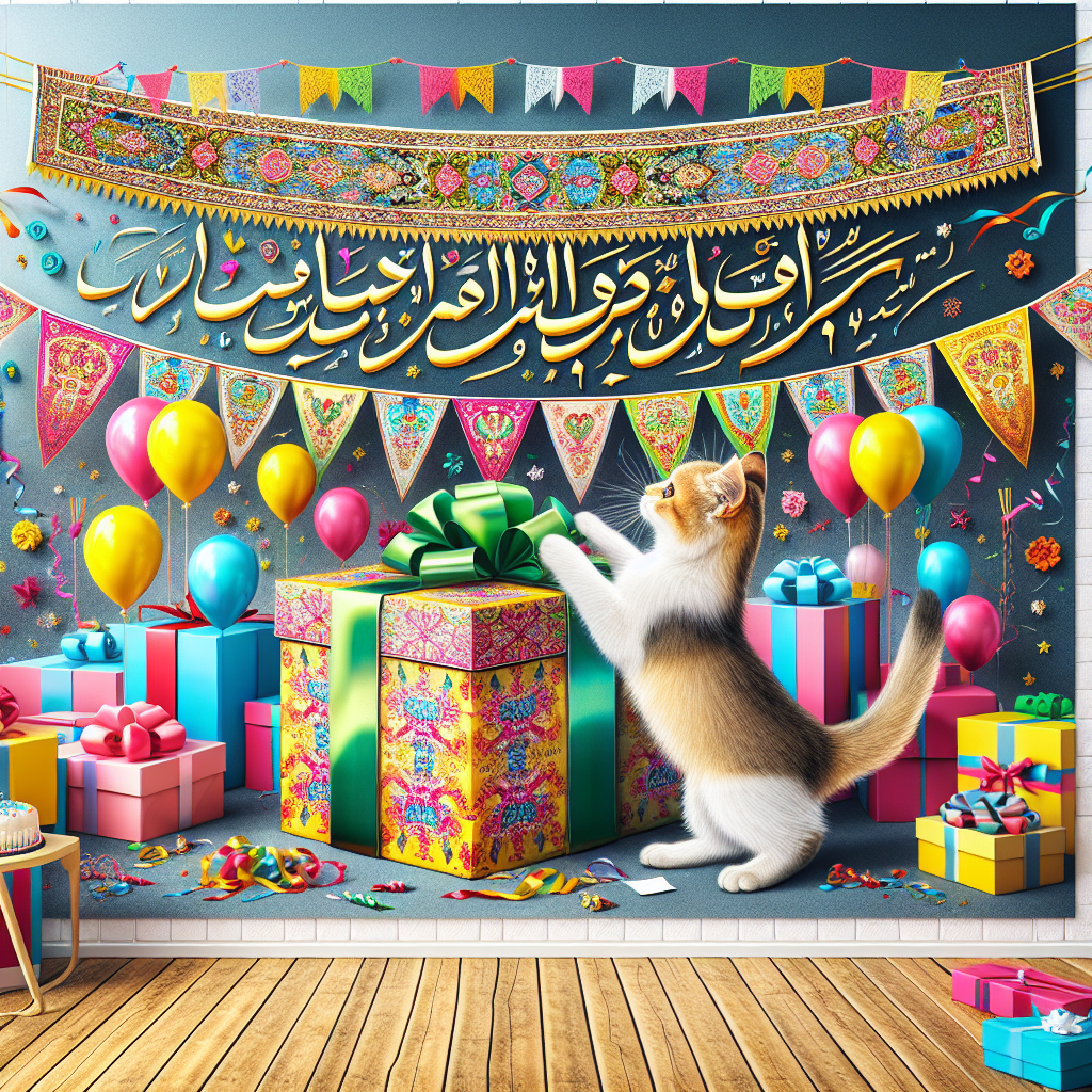 In this delightful birthday-themed illustration, a playful Iranian cat is amidst unwrapping a gift box. The room is decorated with colorful streamers and birthday banners. At the forefront, 'Mana Celina' is inscribed in elegant calligraphy on a banner draped across the wall.
Generated with these themes: Iranian cat.
Made with ❤️ by AI.
