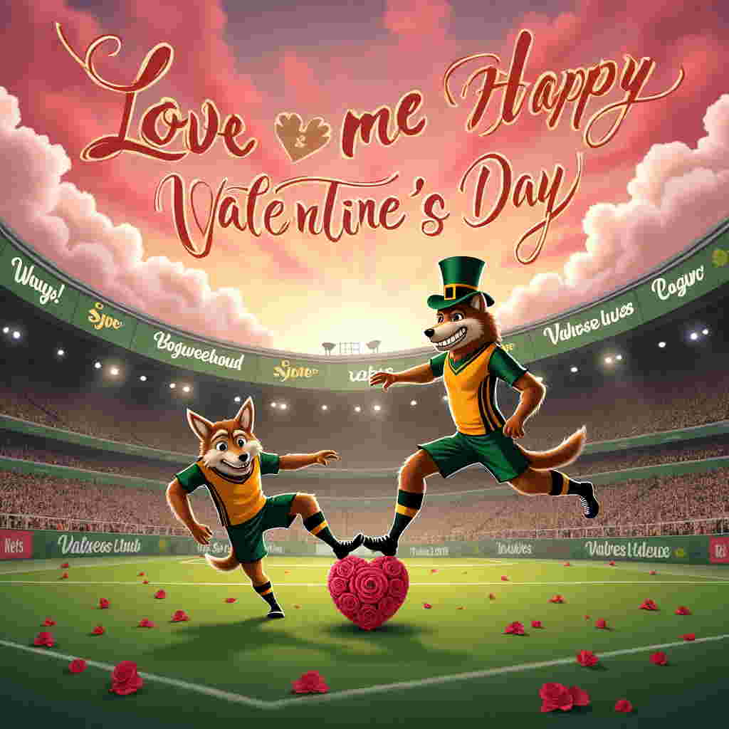In this imaginative Valentine’s Day card scene, we find ourselves at the vibrant Molineux Stadium, home of Wolves Football Club. It’s a bustling game day with a twist of romance in the air. The stands are filled with fans, but there’s a notable group of Irish supporters proudly waving their emerald green flags emblazoned with golden shamrocks, adding a splash of color to the scene. Among them, a cheeky leprechaun is balancing on a rose-adorned football, sporting a grin as wide as the pitch. On the field, two wolves dressed in the club's iconic gold and black kits are kicking around a heart-shaped football. Above the scene, the sky is an explosion of pink and red hues, where fluffy heart-shaped clouds drift by. Written whimsically across these clouds in a cascading rainbow font are the words “Love me Tinder,” giving a nod to the card's recipient. The stadium lights are cleverly shaped like roses, each bloom illuminating the field with a soft, romantic glow. On the sideline, a giant banner stretches across, reading “Happy Valentine’s Day” in an elegant, script font, completing this playful and romantic football fantasy.
Generated with these themes: Hearts, Wolves football club, Molineux, Irish, Roses, and .
Made with ❤️ by AI.