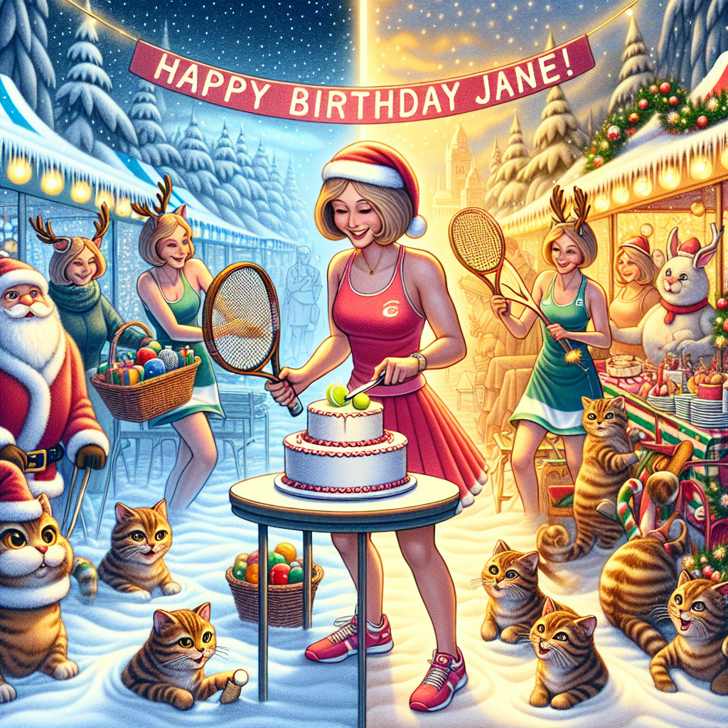 An ethereal scene where a snowy outdoor Christmas market transitions into an indoor birthday party. The lady with short blonde hair stands at the junction, wearing a festive outfit that seamlessly blends tennis attire with a Santa costume. She cuts a cake shaped like a tennis ball, surrounded by cats in reindeer antlers, under a banner proclaiming 'Happy Birthday Jane!' hanging from clouds above.
Generated with these themes: Lady with short blonde hair, Birthday cake, Cat, Tennis, and Christmas.
Made with ❤️ by AI.
