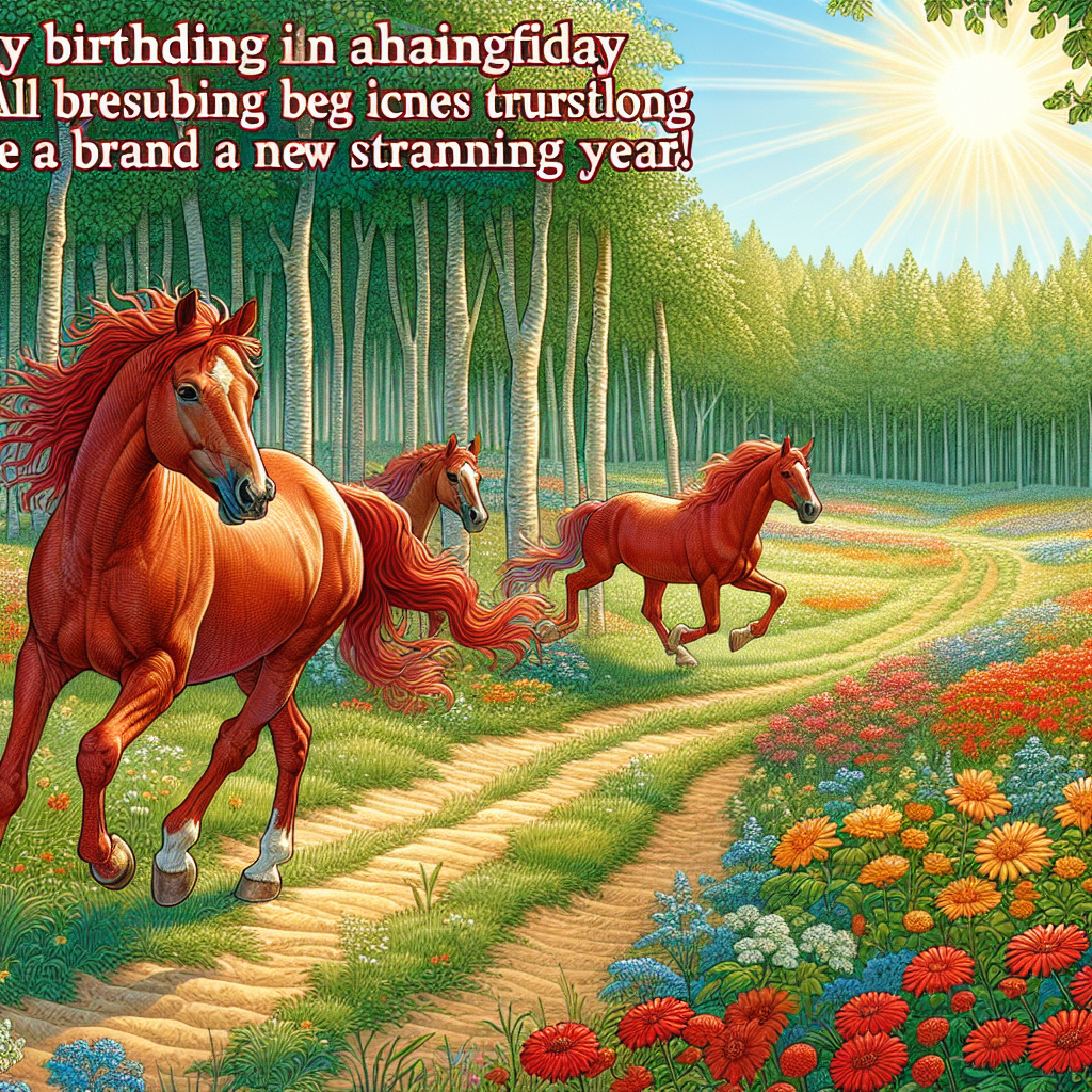 Create a heartening birthday illustration with jovial red horses gleefully galloping in a sun-touched wood clearance. The environment is speckled with bright wildflowers elevating the inherent colors of the encompassing woodland. A constantly used path indicates repeated blissful strolls taken in this peaceful scene, all beneath the benevolent supervision of nature, jubilating the spirit of a brand new stunning year.
Generated with these themes: Red horses nature forest fields flowers walks .
Made with ❤️ by AI.