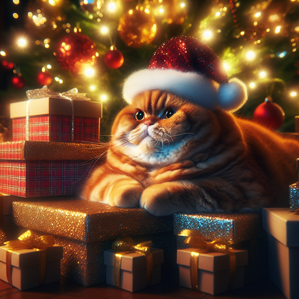 A plump, ginger-coated cat, sporting a festive Christmas hat, sits snugly amidst a pile of gifts under a brightly lit tree. The cat's coat shines like the warm glow of the fireplace nearby, but its curious eyes remain a cheerful mystery.
.
Made with ❤️ by AI.