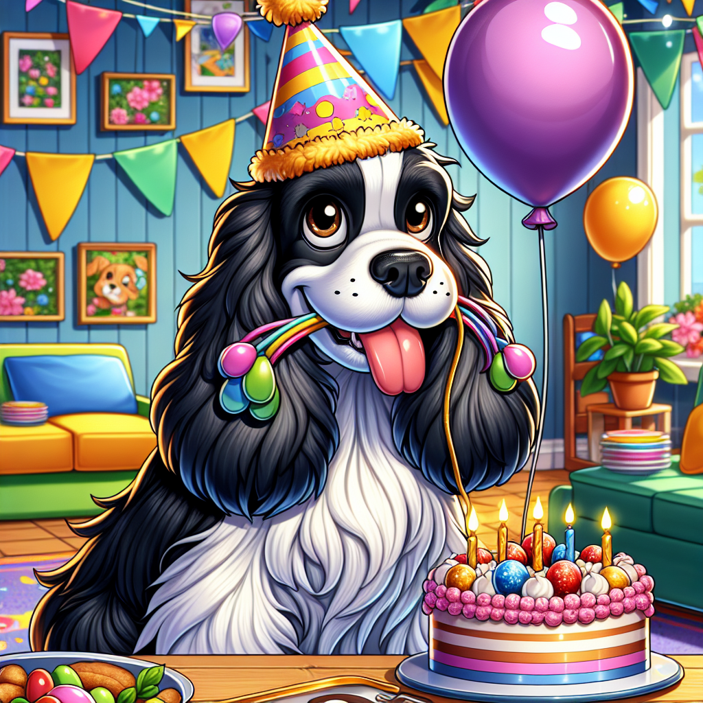Illustrate an image of a cartoon scene where the main focus is an adult English Cocker Spaniel that has a black and white shining coat. The dog is in a vibrant room adorned with colorful birthday decorations. This adorable canine holds a string of a floating balloon in its mouth while an oversized party hat sits askew on its head. There is mystery in his twinkling brown eyes that emit excitement. In the scene, a lavishly prepared doggy birthday feast is arranged, a personalized cake sitting atop a table within the reach of the excited dog.
.
Made with ❤️ by AI.