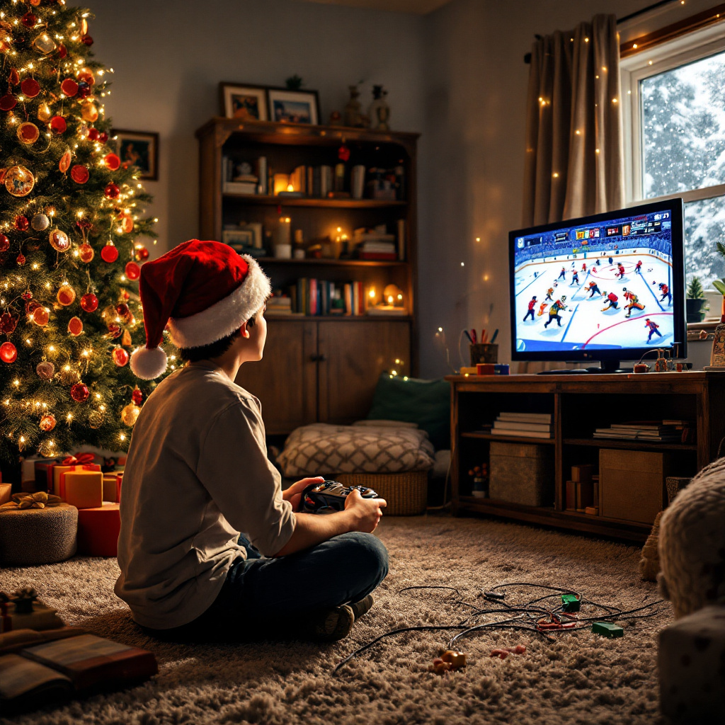 In a cozy living room transformed into a quirky Christmas wonderland, a young Deputy Head Boy is at the center of a merry chaos. The scene is bustling with whimsical detail, inviting a chuckle at every glance. The room is filled with a kaleidoscope of holiday decorations, a glittering tree adorned with baubles in the shape of pepperoni slices and LEGO bricks. To the right, a snow-speckled window reveals a glistening winter scene outside, while inside, the atmosphere is warm and lively.

The Deputy Head Boy, donning a festive red Santa hat with a shiny 'DHB' badge pinned to it, is seated cross-legged on the plush carpet, absorbed in an intense game on his PlayStation. The screen, perched on a wooden TV stand decorated with fairy lights, showcases a thrilling hockey match with cartoonishly exaggerated players skating across the ice. The PlayStation controller is wired to the console with a tangle of multicolored cords that resemble candy canes.

In front of him, a LEGO pizza is artfully constructed, with bricks of yellow, red, and green representing cheese, pepperoni, and peppers, respectively. A slice of the LEGO pizza is missing, as the Deputy Head Boy glances occasionally at his PlayStation screen, and then at his real-life pizza, a slice dangling from his mouth as he multitasks between bites and gaming.

To the left, a cleverly designed LEGO mini hockey rink takes up a corner of the room. Tiny LEGO figures with expressive faces are engaged in a frozen moment of a fast-paced hockey match, one player mid-slap shot while another defends the goal with a determined expression.

An armchair, upholstered in vibrant red and green plaid fabric, is slightly askew, with a wooly reindeer-patterned blanket draped over the back. Perched on the armrest is a curious cat, pawing at a dangling string of lights as it watches the Deputy Head Boy in earnest concentration.

Hanging from the mantle above a crackling fireplace are stockings, each embroidered with a quirky representation of the themes: a slice of pizza, a LEGO brick, a hockey puck, and a PlayStation controller. The room, alive with action and humor, tells a charmingly chaotic Christmas story that blends traditional holiday cheer with the eclectic interests of a modern Deputy Head Boy.
Generated with these themes: Pizza, Playstation, Lego, Hockey, and Deputy head boy.
Made with ❤️ by AI.