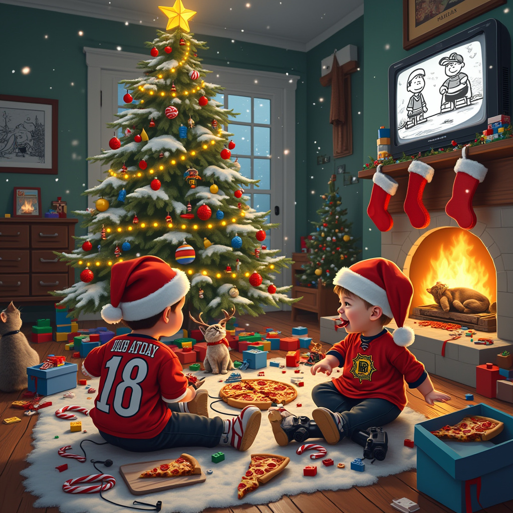 In the middle of a cozy, snow-dusted living room, a whimsical Christmas gathering unfolds, capturing the festive chaos of youthful exuberance. The scene is set around a towering, twinkling Christmas tree adorned with an eclectic mix of ornaments: miniature pizza slices dangle beside tiny LEGO block creations, and at the very top, a Lego hockey player, with a stick raised triumphantly, replaces the traditional star. 

In front of the tree, a young boy wearing a bright red Santa hat with the words “Deputy Head Boy” emblazoned in bold letters is deeply engrossed in an epic Playstation gaming session. His controller cord tangles artistically around the leg of a nearby coffee table, which is covered with an array of pizza boxes, the lids popped open to reveal pizzas topped with candy canes and marshmallows. 

Beside him, a mischievous cat, donned in a tiny deputy's badge, stealthily nibbles on a piece of the candy cane pizza, its tail playfully flicking at a fallen LEGO brick on the floor. 

To the left, a little girl wearing a hockey jersey, oversized and slipping from one shoulder, meticulously constructs a LEGO fort around a sleeping dog, who wears reindeer antlers, snuggled against the warmth of the roaring fireplace. Her tongue peeks out in concentration as she builds, and scattered around her, colorful LEGO pieces spill like a painter's palette on the wooden floor. 

Above the fireplace, a family photo hangs slightly askew, showing the family in a Christmas scene from years past, capturing a tradition continued. Stockings dangle from the mantle, filled to the brim with more bricks, gaming controllers, and candy cane wrappers peeking out. 

In the corner, an old-fashioned television set, reminiscent of Charles Schulz's iconic style, plays a classic black-and-white Christmas cartoon, its soft glow adding an extra layer of warmth to the scene. Snowflakes tap at the window, hinting at the wintry world outside, while inside, the room brims with the lively, colorful chaos of holiday cheer.
Generated with these themes: Pizza, Playstation, Lego, Hockey, and Deputy head boy.
Made with ❤️ by AI.