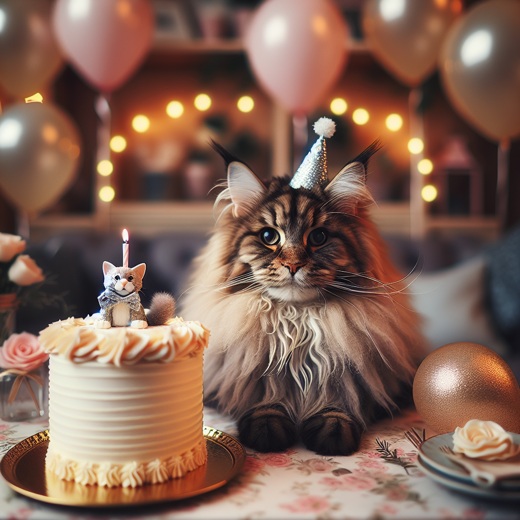 An appealing birthday setting with subtle elements of realism is prepared for guests, focused on the grand Maine coon named Tanya, who has silky, tabby fur dressed up with a small, glittering birthday hat. The setting is filled with a stylish collection of pastel-colored balloons and a vanilla buttercream cake, which features a tiny fondant figurine of Tanya in a playful pose on top. Gentle, warm lighting amplifies the snug ambiance, inviting appreciation for the birthday cat.
Generated with these themes: Maine coon Tanya.
Made with ❤️ by AI.
