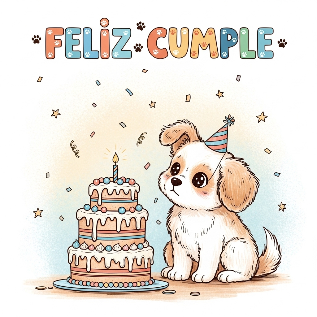 At the top of the Illustration Style image, the text “FELIZ CUMPLE” in playful, hand-lettered, colorful bubble letters with tiny paw prints dotted around.  

A warm, hand-drawn illustration of an adorable fluffy puppy with big sparkling eyes and floppy ears, sitting eagerly in front of a tall, whimsical birthday cake decorated with pastel frosting, sprinkles, and a single lit candle. The puppy’s head is slightly tilted as if deciding whether to eat the cake or wait, with a tiny party hat perched jauntily on its head. The background is softly textured with warm, gentle hues—peach, cream, and sky blue—sprinkled with floating confetti and tiny doodled stars. The whole scene feels cozy, charming, and full of joyful anticipation, with fine linework and painterly brush strokes adding depth and personality.
Generated with these themes: Perro, and .
Made with ❤️ by AI.
