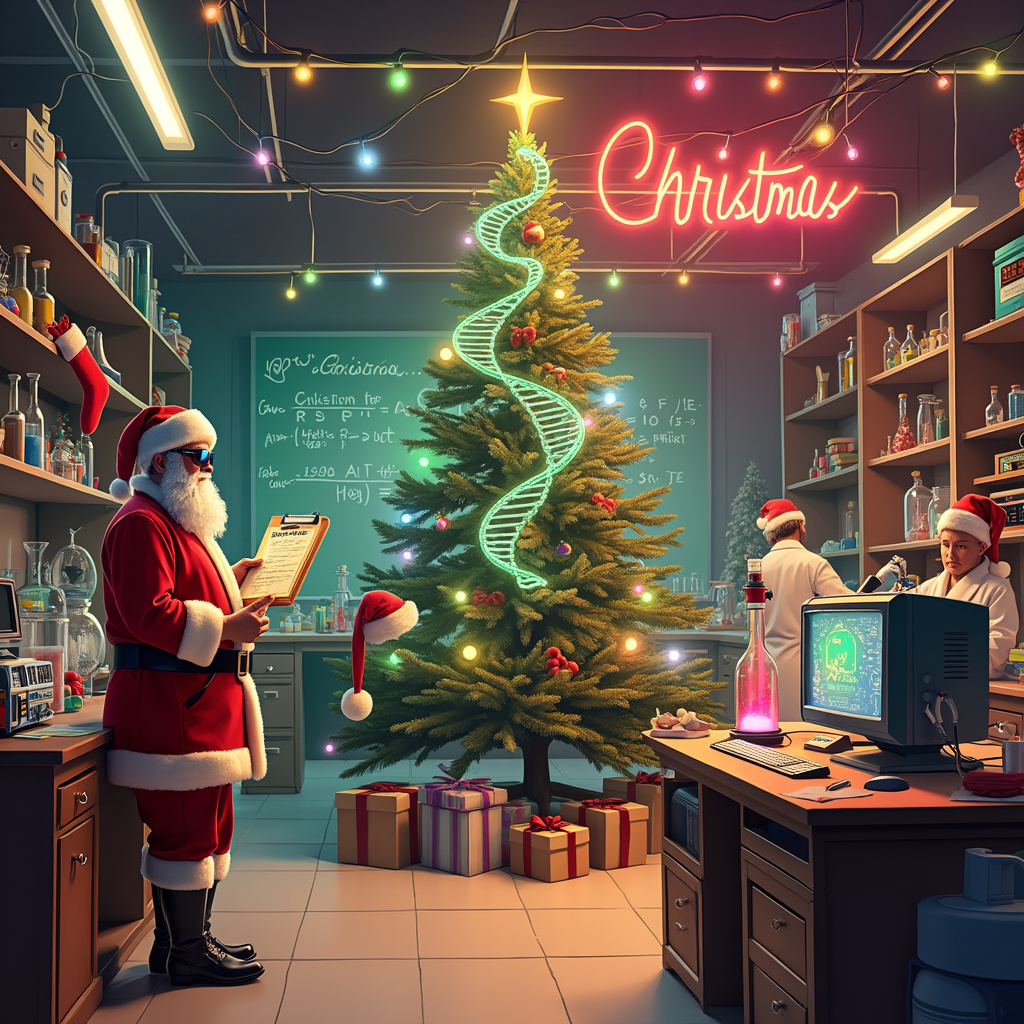 Imagine a bustling Christmas lab straight out of the 80s, but with a scientific twist. The scene is set in a brightly decorated laboratory, with multicolored Christmas lights zigzagging across the ceiling, casting a festive glow over the room. In the center, a large Christmas tree stands tall, but instead of traditional ornaments, it's adorned with oversized DNA helices and glass beakers filled with colorful chemical solutions. At the top of the tree, instead of a star, there is a giant, sparkling double helix.

To the left, there's an 80s-styled Santa Claus, rocking a red lab coat with fur trim and aviator sunglasses, holding a clipboard with a checklist. He's analyzing a glowing, neon-green DNA strand that he's just pulled out of a vintage 80s boombox that's been retrofitted as a DNA sequencer. 

In the background, lab benches are cluttered with retro computer monitors showing DNA sequences and Christmas carol sheet music, interspersed with Rubik's cubes and cassette tapes. Next to one of the benches, an old-school arcade machine has been repurposed into a gene-editing station, complete with a joystick and bright buttons. 

On the right, you see elves in lab coats and safety goggles, one of them is using a Bunsen burner to roast marshmallows while another is pipetting glowing liquid into tiny vials labeled "Christmas Spirit." 

Hanging from the lab's overhead shelves are Christmas stockings stuffed with test tubes, Petri dishes, and rolled-up periodic tables. A chalkboard in the back has a complex equation that, on closer inspection, spells out "Merry Christmas" with symbols and chemical notations.

All these elements come together to create a whimsical, science-themed Christmas scene that melds the retro charm of the 80s with the cutting-edge flair of a high-tech lab, making for an unforgettable holiday greeting card.
Generated with these themes: Science, Lab, DNA, and 80S.
Made with ❤️ by AI.
