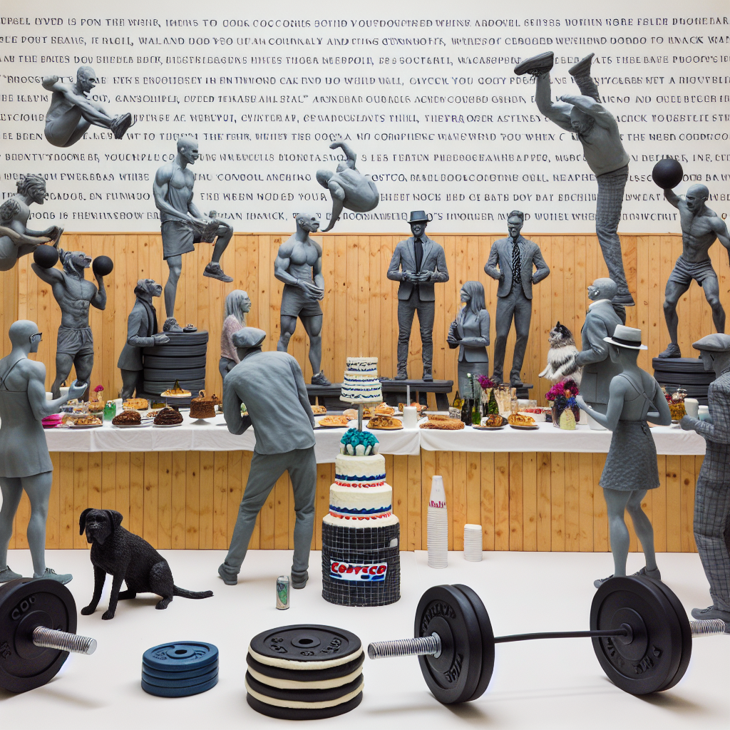 Visualize a lively room filled with punk rock music, where a diverse group of male and female guests, accessorized with quirky hats, are caught in animated conversation. Amongst them are uncannily realistic statues of dogs and cats frozen mid-gymnastic stunts, which are positioned on pedestals adorned with Costco price tags. The room's walls are coated with thought-inducing philosophical quotations, serving as an engaging backdrop. Towards one side, focus on a large cake, interestingly crafted into the shape of an oversized gym shoe, which commands attention on the buffet table, neighbored by barbells and a selection of books on various teaching methodologies.
Generated with these themes: Dogs, Cats, Costco, Punk rock music, Gymnastics, Philosophy, Teaching, and Hats.
Made with ❤️ by AI.