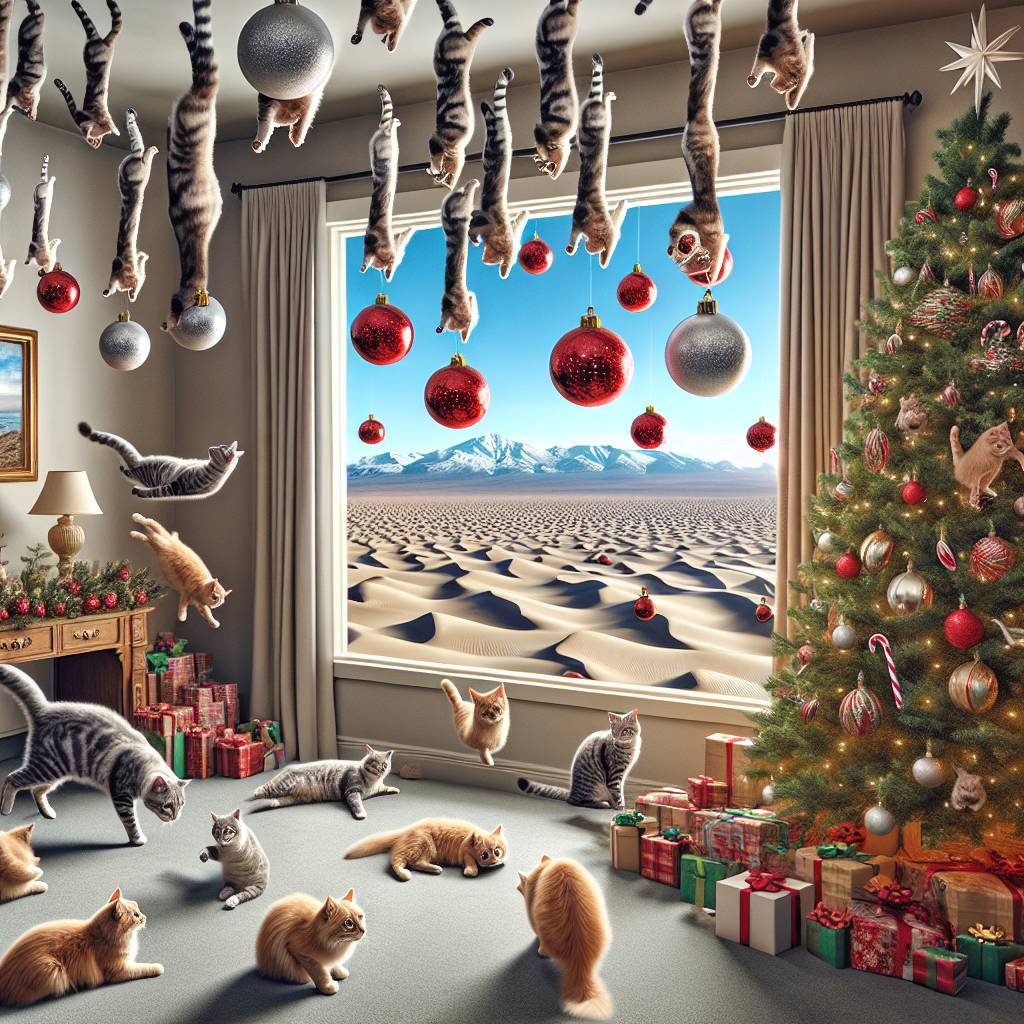 In this Surreal Realistic scene, gravity-defying cat baubles orbit a levitating Christmas tree. Outside the window, the landscape alternates between snowy peaks and desert dunes in a seamless mirage. Despite the surrealism, the scene maintains a festive air, with detailed realism in the decorations and gifts that bring a grounded sense of Christmas cheer.
Generated with these themes: cat baubles.
Made with ❤️ by AI.