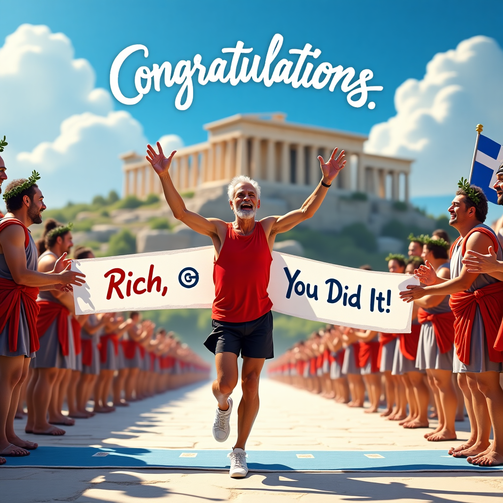 The scene captures a vibrant celebration set against the iconic backdrop of Athens. In the foreground, a dynamic photograph showcases a grey-haired runner, "Rich," dressed in a bright red vest, sleek black shorts, and pristine white trainers, joyously crossing the finish line. His arms are triumphantly raised high above his head as if reaching towards the majestic Acropolis, which stands proudly in the background. The word "Congratulations" is emblazoned across the blue sky in fluffy white clouds, while "Rich, You Did It!" is creatively painted on the banner of the finish line, held by two ancient Athenians. Their togas flutter with excitement, their faces animated with cheer and admiration. To the right, a crowd of ancient Athenians, complete with olive wreaths, claps enthusiastically from the marble steps, adding to the atmosphere of historical grandeur. Among them, a Greek flag waves spiritedly, adding a splash of blue and white to the scene. The Acropolis, bathed in golden sunlight, serves as an inspiring symbol of achievement and endurance. The setting tells a timeless story of triumph and celebration, combining modern victory with historical legacy.
Generated with these themes: Athens, acropolis, Grey haired runner with red vest, black shorts and white trainers, Greek flag, Back of runner with hands in air crossing finish line, Congratulations Rich. You did it!, and Ancient Athenians cheering the runner on.
Made with ❤️ by AI.