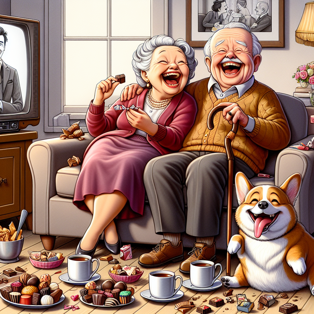 Create a humorous cartoon depicting a whimsical anniversary celebration. In the scene, a delighted elderly couple of diverse descent is sitting courteously on a loveseat. One is Hispanic female and other is an Asian male, both with walking sticks leaned nearby. They are laughing together while their playful corgi humorously nibbles on an array of chocolates and sweets scattered on the floor. A classic romantic film is playing on a quaint 'telly' in the background, enhancing the jovial setting. On a nearby coffee table, mugs of steamy tea are placed next to a chaotic yet friendly card game, symbolizing their enduring love and playful relationship.
Generated with these themes: Chocolate , Sweets, Walking sticks, Corgi, Tea, Telly, and Playing cards.
Made with ❤️ by AI.
