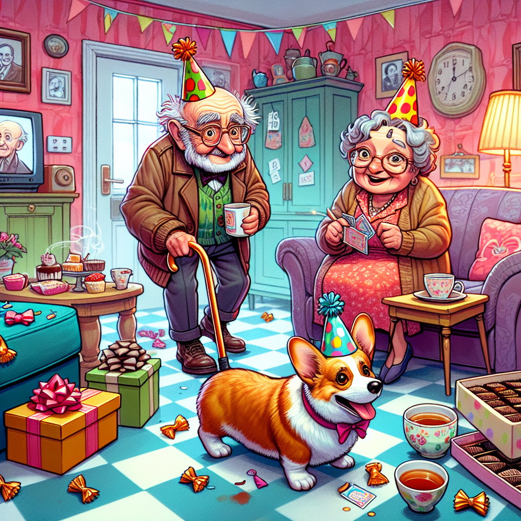 Imagine a cartoon-style illustration of a lively, multicolored living room. In this room, an elderly Caucasian woman and a Middle-Eastern man, both wearing party hats, are celebrating their anniversary in a distinctive manner. The room is somewhat messy with boxes of chocolates and candy wrappers scattered about, hinting at the day's joyful indulgence. Their faithful corgi, decorated with a tiny bow, is wandering around with a walking stick in its mouth, eager to partake in the celebrations. Amidst the room's hustle and bustle, a pot of fragrant tea is brewing, and a spirited round of card-playing is in progress. The television is turned on in the background, their favorite comedy show playing, adding a soundtrack of laughter to the warm, welcoming atmosphere.
Generated with these themes: Chocolate , Sweets, Walking sticks, Corgi, Tea, Telly, and Playing cards.
Made with ❤️ by AI.