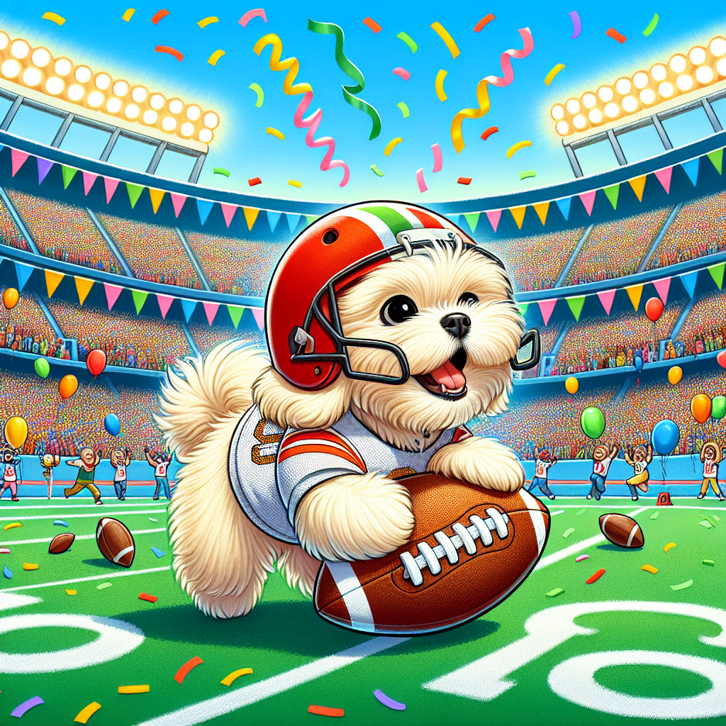 Draw an endearing image of a delightful cream-colored Malshi dog joyfully engaged in a game of American football in the middle of an enormous stadium thronged with ecstatic onlookers. The stadium is adorned with multi-colored banners and balloons, echoing a celebratory birthday motif. The Malshi, decked out in a minuscule helmet and a jersey, is gleefully sprinting across the turf, the football safely nestled under its paw. Confetti is descending from above, contributing to the jubilant environment of the birthday festivities.
Generated with these themes: Cream malshi playing american football in huge stadium.
Made with ❤️ by AI.