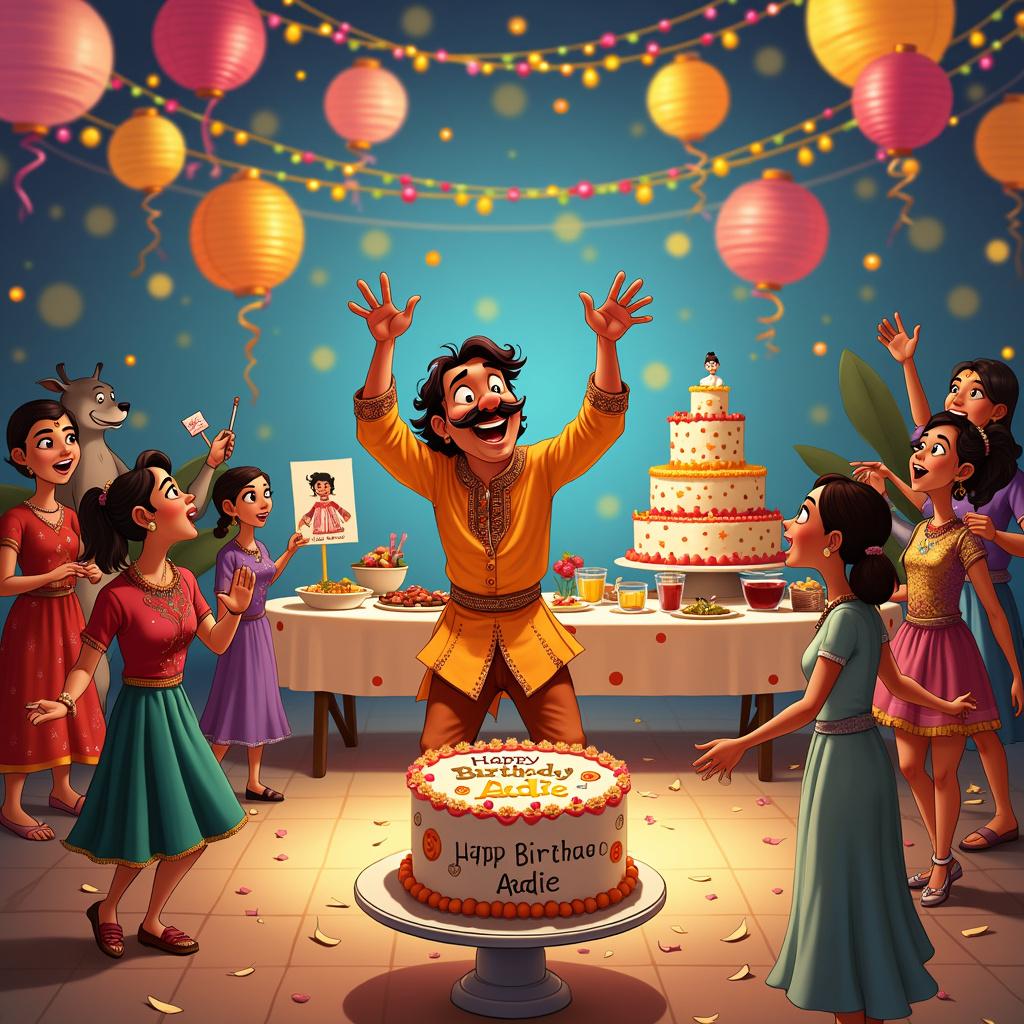 This version of the scene is a detailed depiction of a raucous cartoon-style birthday celebration for Aadie. The central figure is a jubilant Indian character, wearing a colorful kurta and dancing with arms raised in the midst of a dance floor. The character is surrounded by cartoon animals and guests, all dancing in sync. Right next to the dance area is an elaborate cake station featuring a four-tiered cake with ornate icing designs depicting traditional Indian patterns, topped with a miniature figure of the main character, and the words 'Happy Birthday Aadie' inscribed in icing on the bottom tier. Above the scene, is a string of festoon lights intertwined with streamers and brightly colored paper lanterns. Just behind the celebratory dance, a buffet table strewn with a variety of foods, including samosas, sweets, and fruit punch, stretches along the back, with 'Happy Birthday Aadie' boldly printed on a tablecloth. To the side, a caricature artist is drawing portraits, capturing the festivities and adding to the memorable ambience of the party.
Generated with these themes: A indian having big party ,dance, cake ,Happy birthday Aadie .
Made with ❤️ by AI.