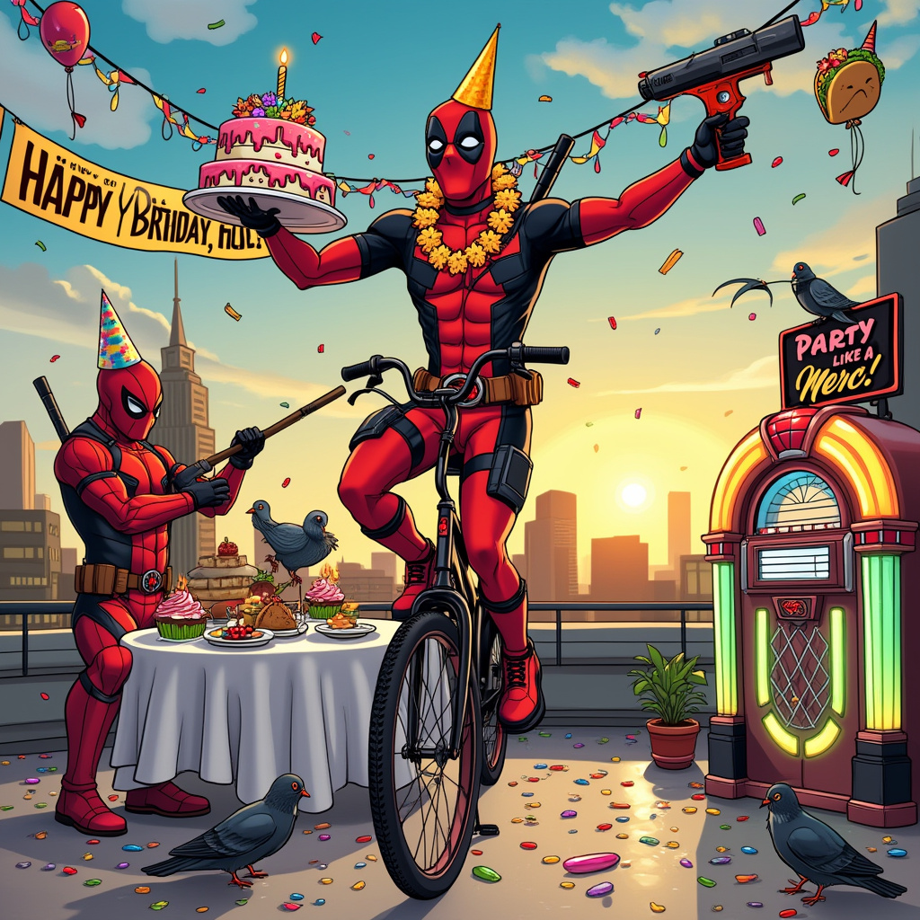 On the front cover of this quirky and humorous birthday card, envision a bustling city rooftop setting, where an unexpected birthday party is in full swing. In the foreground, Deadpool is dressed in an outrageous party outfit: a bright red and black party hat that matches his suit, a Hawaiian lei made of plastic flowers draped around his neck, and oversized novelty sunglasses shaped like stars. He's balancing on a unicycle, holding a large, multi-tiered birthday cake in one hand while wielding a water gun with the other, aimed playfully at an off-screen target.

Surrounding him, various characters are engaged in typical Deadpool-style antics. To his left, a confused-looking superhero, perhaps Spider-Man, is tangled in a colorful web of party streamers, desperately trying to cut himself free with a plastic knife from the dessert table, which is overloaded with cupcakes and jelly beans.

In the background, a banner strung between two antennae reads "HAPPY BIRTHDAY, YOU LUCKY FOOL!" in bold, comic-style letters. Balloons in the shape of tacos and chimichangas float above, swaying in the gentle breeze. A piñata shaped like a mini Deadpool dangles precariously from a broomstick, while a couple of pigeons wearing tiny party hats peck curiously at the scattered confetti on the rooftop floor.

On the far right, a jukebox with retro flair plays music notes that seemingly bounce through the air. Its neon sign, flashing intermittently, reads "Party like a Merc!" The sky above is a bright, clear blue with the sun setting, casting an orange glow over the entire scene. The details in the illustration tell a chaotic, yet comically vibrant story that captures the essence of Deadpool's unconventional, mischievous charm, perfect for a birthday card that promises an unforgettable celebration.
Generated with these themes: Deadpool.
Made with ❤️ by AI.