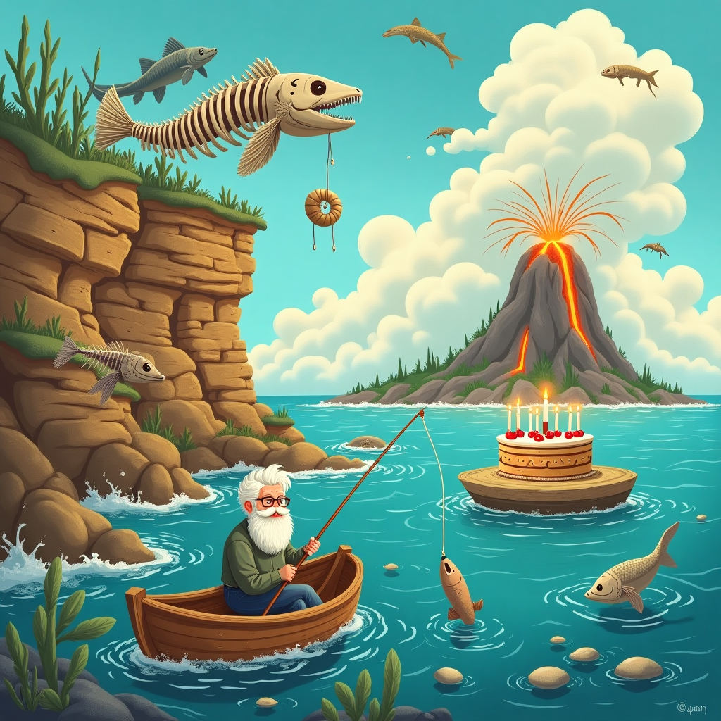 **Prompt:**

At the top of the illustration image, *Happy Fossil-Fishing Birthday, Uncle Iain – reel in the years before they go extinct!*

A surreal illustrated scene set in a dreamlike prehistoric oceanscape. A silver-bearded man with striking white hair (Uncle Iain) is standing in a tiny rowboat that's somehow floating atop layers of rock strata like a geologist's dream cake. He's fishing—not for fish—but for fossils: ammonites, trilobites, even a dino tooth or two dangling from his hook. Around him, giant fish skeletons swim through the air, and clouds are shaped like ancient bones. In the background, a volcano oozes out candles instead of lava. Nearby, a fossilized birthday cake juts out of a cliffside, complete with stone cherries and rock-hard frosting. The mood is whimsically weird, with vivid colors, impossible physics, and a hint of scientific daydreaming.
Generated with these themes: Man with white hair and short white beard fishing and looking for fossils.
Made with ❤️ by AI.