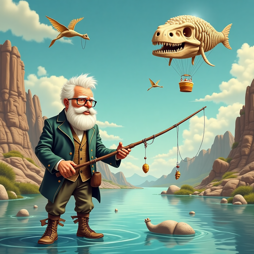 **Prompt for the Illustration:**

At the top of the illustration image, *“Happy B’day, Uncle Iain — Hope You Reel In Some Fossilised Fun!”*

Create a surreal illustration of an elderly man with striking white hair and a short white beard, dressed in a Victorian-era fishing outfit made of dinosaur bones and ancient fossils. He’s standing ankle-deep in a crystal-clear lake that ripples like molten glass, using a fishing rod made from a spiral ammonite shell and driftwood. Instead of fish, prehistoric trilobites, ancient seashells, and small fossilised creatures dangle midair on glowing fishing lines as if swimming through time.  

Behind him, massive cliffs made of layered fossil strata curve impossibly into the sky like the ribs of a long-dead giant whale, and surreal skeletal birds made of stone and bone wheel through an opalescent candy-coloured sky. Off to one side, a floating hot-air balloon shaped like a smiling dinosaur head carries a birthday cake fossilised in amber.

Everything hums with a dreamlike, mystical glow, blending absurdity with an air of magical archaeology.
Generated with these themes: Man with white hair and short white beard fishing and looking for fossils.
Made with ❤️ by AI.
