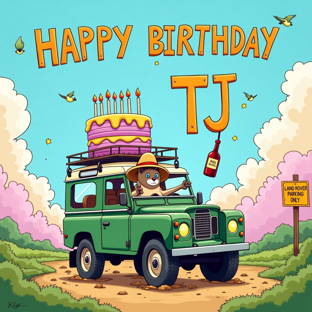 In this lively birthday card scene, imagine a vibrant and cartoonish landscape inspired by the likes of Charles Schulz and Bill Watterson. At the forefront, a classic Land Rover Defender is parked slightly askew, its rugged, boxy shape lovingly captured in colorful detail. The vehicle is covered in a playful mud splatter, suggesting it's just completed a thrilling off-road adventure. Inside, behind the wheel, sits an animated Siamese cat, complete with striking blue eyes and a smug grin, wearing an oversized safari hat that flops charmingly over one ear. The cat's paw is casually draped over the steering wheel as if it's been on the wildest journey. 

Perched atop the Land Rover's roof rack is a giant birthday cake with layers of frosting in vibrant hues of purple and yellow. The candles on the cake spell out "TJ" in a celebratory flourish, flickering merrily in the breeze. Hanging from the Land Rover’s bumper, a red wine bottle dangles from a string, swaying with the motion of a small, unseen breeze. The bottle’s label humorously reads "Vintage 1990: Aged to Purrfection," with a whimsical cat paw print as the logo.

In the background, the sky is a wide expanse of soft blues and pinks, painted in dreamy hues like those in a Winsor McCay dreamscape. Fluffy clouds twist and turn, forming the letters "HAPPY BIRTHDAY TJ" across the sky, with a few birds comically perched on the letters, chirping a festive tune. To complete the scene, the lush greenery around the Land Rover is dotted with quirky little signs that read "Cat-Crossing" and "Land Rover Parking Only," providing a nod to the playful and adventurous spirit of the card.
Generated with these themes: Land Rover, Siamese Cat, Red Wine.
Made with ❤️ by AI.
