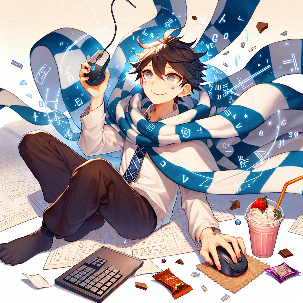 Create a charming image in an anime-style. The scene includes a triumphant student, cloaked in a blue-and-white-striped university scarf denoting their educational journey. The student, distinctively of South Asian descent, is holding a hi-tech computer mouse in one hand and a delicious strawberry milkshake in the other. The air around them is filled with floating mathematical symbols and digital codes - a testament to their academic prowess. Lying on the ground are wrappers from a sweet chocolate treat, symbolizing the student's favorite snack and the pleasurable reward of their endeavour.
Generated with these themes: Maths, Computer science, Anime, Strawberry milkshake , Warwick University , and Kinder bueno.
Made with ❤️ by AI.