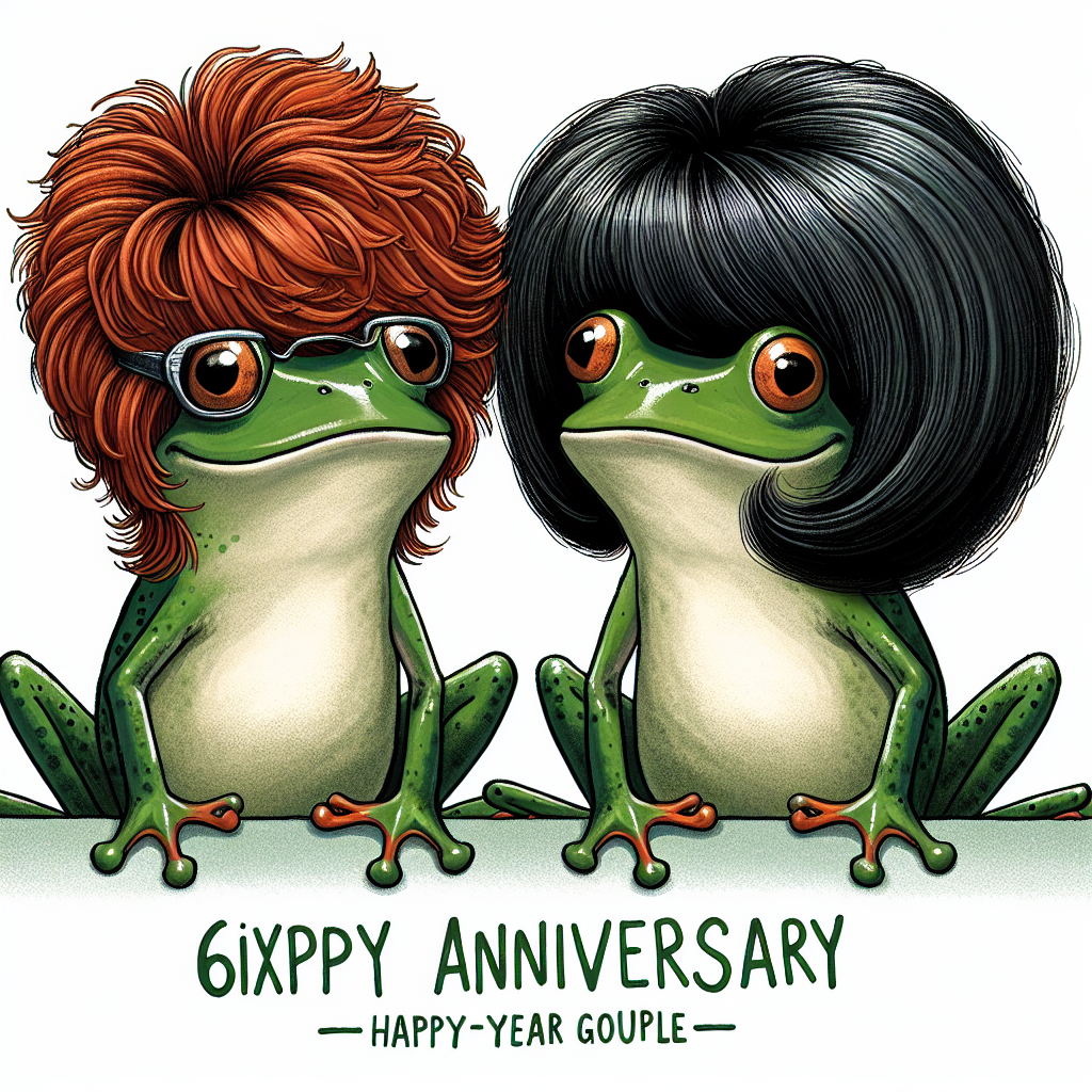 Create an illustration celebrating a sixth anniversary, featuring a charming couple personified as frogs. The male frog is endowed with a unique ginger wig, stylishly trimmed shorter on the sides, and the female frog artistically sports a medium black wig with gentle wavy layers. This amusing scene encapsulates the idiosyncrasies and joy of their shared six-year journey, represented through the delightful and whimsical frog figures.
Generated with these themes: Frogs, Ginger wig with fade style on man, medium black wig in wavy style on woman, and 6 years.
Made with ❤️ by AI.