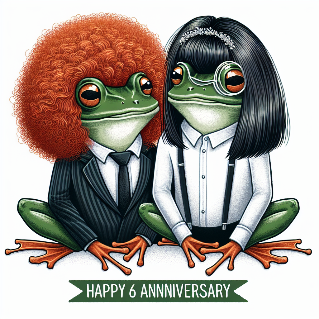 Create a humorous illustration celebrating a sixth anniversary, featuring two charming frogs dressed as a couple. The frog representing the Caucasian man sports a quirky ginger wig with a trendy fade haircut, while the frog emulating the East-Asian woman has a stylish medium-length black wig with elegant waves. This whimsical portrayal of the frogs symbolizes their shared joy and companionship over six years in a lighthearted, whimsical style.
Generated with these themes: Frogs, Ginger wig with fade style on man, medium black wig in wavy style on woman, and 6 years.
Made with ❤️ by AI.