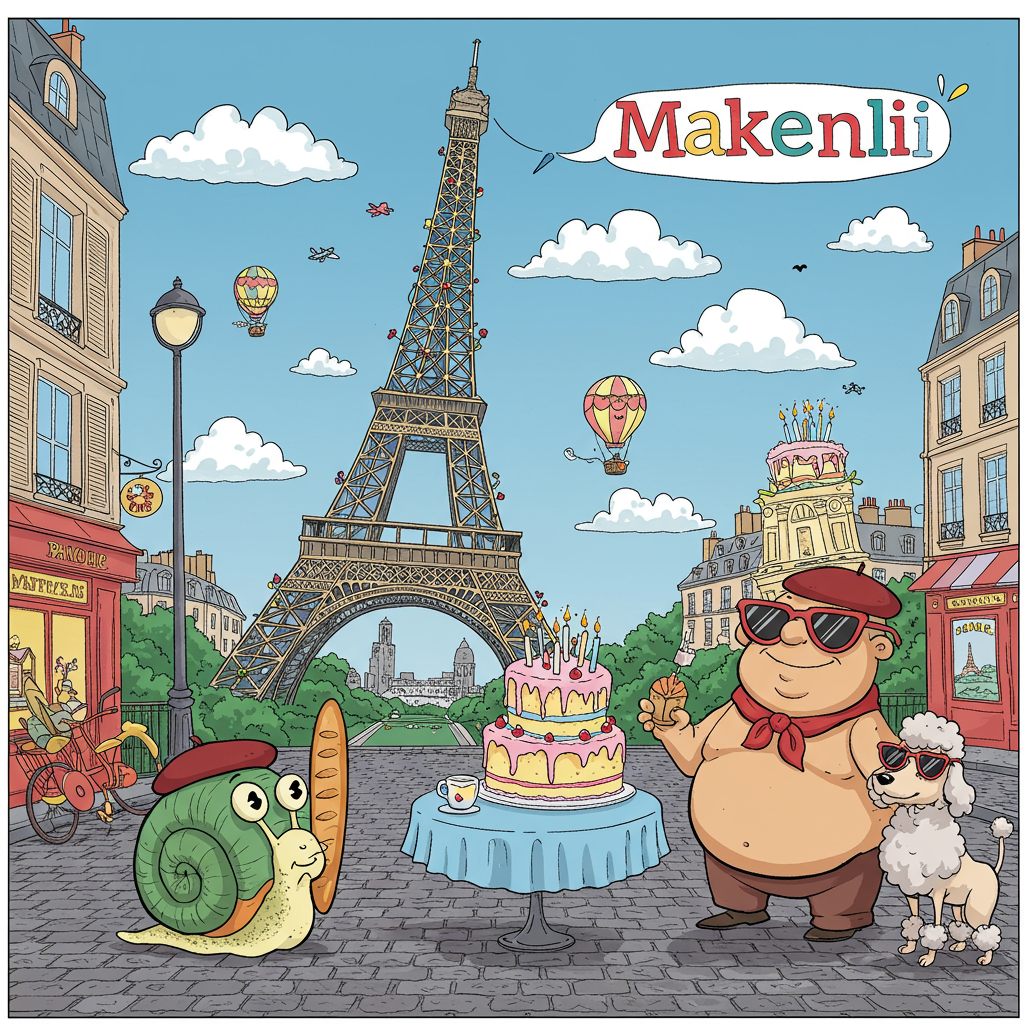 The front cover of this vibrant birthday greeting card bursts with a lively, cartoonish Parisian scene. At the center, the iconic Eiffel Tower stands tall, but with an exaggerated tilt that makes it seem as if it’s playfully teetering. Its steel beams are whimsically thick, reminiscent of Charles Schulz's bold lines in Peanuts, and dotted with twinkling fairy lights.

In the foreground, a jovial snail, sporting a jaunty beret and holding a baguette, slowly slithers across a cobblestone street. The snail is painted in shades of green and blue, with an oversized, charming grin. Nearby, a plump poodle wearing oversized sunglasses, akin to a character from a Gary Larson comic, poses flamboyantly beside a miniature café table.

At the table, a cartoonish birthday cake towers high, echoing the exaggerated style of Will Eisner's illustrations, its layers leaning precariously like Pisa’s tower. Each tier is a different pastel hue—pinks, yellows, and blues—topped with an oversized cherry. The cake is festooned with candles sparking with vibrant orange and red flames.

Behind this, the Paris skyline stretches, captured in the clean, detailed linework reminiscent of Hergé’s Tintin series. Small, stylized hot air balloons, each with exaggerated happy faces, float in a bright, cerulean sky dotted with fluffy, cotton-like clouds.

A skywriting airplane, looping dramatically through the clouds in a style evoking the whimsy of Winsor McCay's Little Nemo, trails a banner across the top. On this fluttering banner, in bold, playful font: "Makenli". The letters are colorful, each a different hue, creating a rainbow effect.

All these elements come together in a vibrant, bustling scene filled with quirky, exaggerated details, set against the quintessential Paris backdrop, capturing the whimsy and joy of a birthday celebration.
Generated with these themes: Paris.
Made with ❤️ by AI.