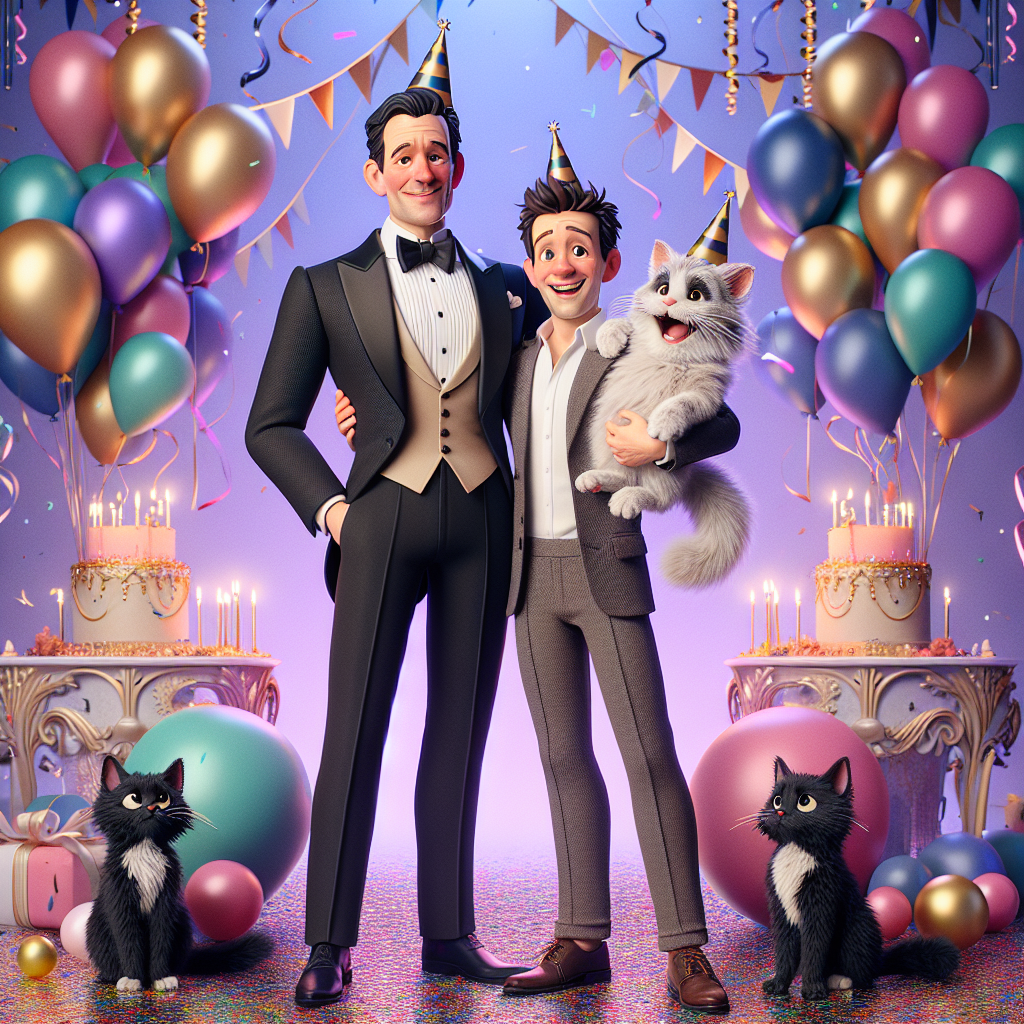 A fantasy birthday scene blooms with cartoonish allure. Two middle-aged men radiate joy standing amidst a gala decor. One man, tall with a sophisticated air and black hair, stands next to a shorter man with casual attire and short brown hair. Their heads are embellished with pointy party hats and they each hold a lovable cat tenderly, one cat sporting sleek black fur and the other, fluffy white. Their contrasting styles merge in this jubilant moment, encircled by multicolor balloons and confetti, as they celebrate with cheerful smiles.
Generated with these themes: Conrad Veidt and Robert Smith wearing party hats and holding black and white cats.
Made with ❤️ by AI.