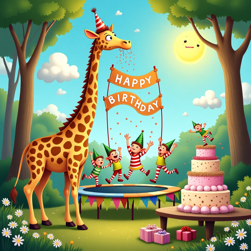 In a whimsical clearing of a sun-dappled enchanted forest, a delightful scene unfolds. At the heart of the illustration is a tall, spotted giraffe wearing a party hat tilted jauntily to one side, its long neck stretching upward towards the canopy of towering trees. Dangling from its mouth, a vibrant birthday banner spells out "Happy Birthday George" in bold, playful letters with each letter painted in a different bright color, reminiscent of a circus tent. 

Around the giraffe’s long legs, a troop of mischievous elves in pointy green hats and shoes are energetically jumping on a large trampoline, which is draped in colorful bunting and has a border of blooming daisies. Their faces are alight with glee, and their tiny hands are throwing confetti into the air that catches the sunlight and sparkles like fairy dust. Each elf is clad in a unique ensemble of mismatched patterns—striped trousers, polka-dot vests, and shirts adorned with tiny stars. 

Above, fluffy clouds shaped like fantastical creatures float in a cobalt blue sky, forming part of the backdrop, while one cloud cleverly bears the name "George" within its fluffy contours. The sky also features a radiant sun with a face drawn in a nod to classic storybook illustrations, smiling benevolently over the festive gathering below. Scattered around the clearing are gift boxes wrapped in shimmering foil, tied with ribbons, and a giant, whimsically decorated birthday cake on a rustic wooden table. The cake is a towering confection of layers, iced in pastel shades and topped with a tiny elf figurine doing a handstand, surrounded by edible glitter and little sugar giraffes. 

This lively scene captures the essence of a magical birthday celebration, with every element harmonizing to create a visual story filled with joy and whimsy, dedicated to George.
Generated with these themes: Giraffe, Elves, and Jumping.
Made with ❤️ by AI.