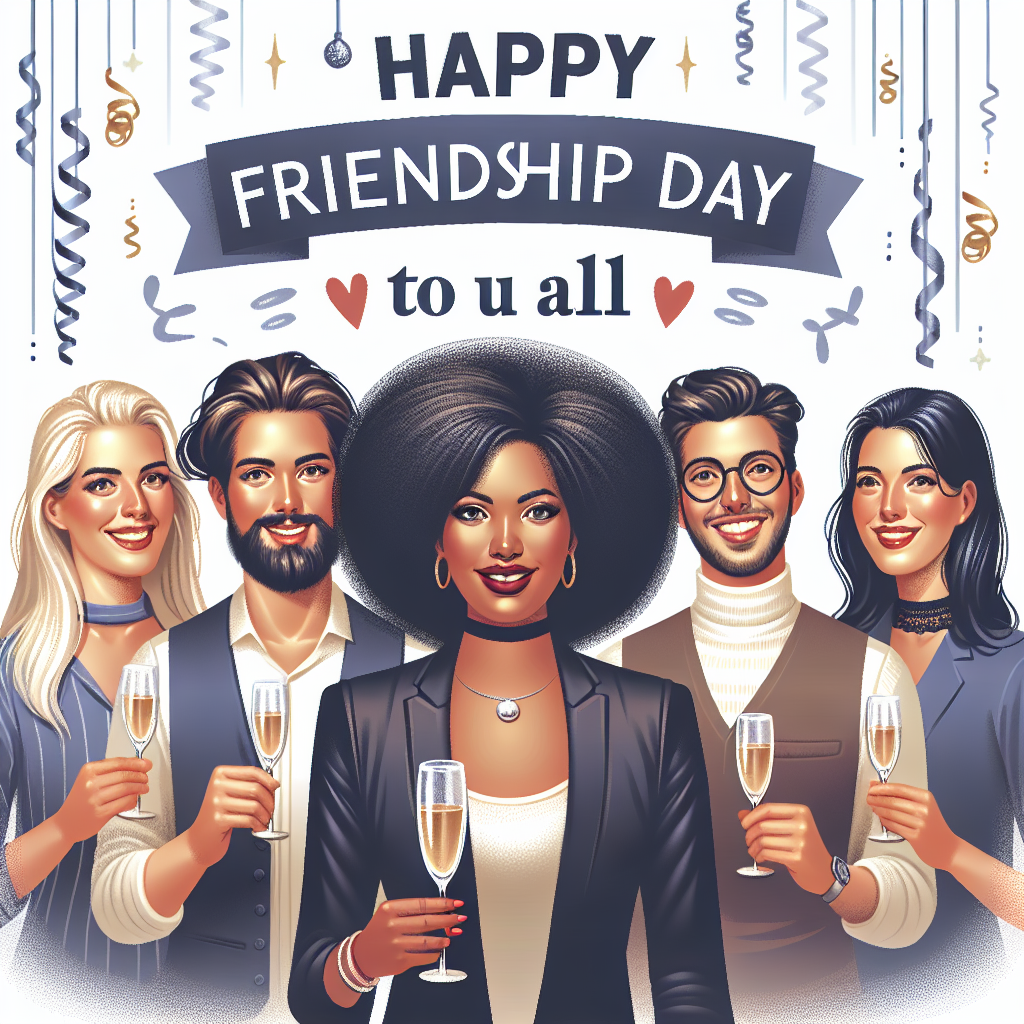 Create a heartwarming scene that centers a stylish, modern woman with black descent expressing cheerful anniversary wishes to her group of friends. This group is diverse, including a Hispanic man, a Caucasian woman, a Middle-Eastern non-binary individual and a South Asian man, standing in unity to represent inclusivity. Above them, the elegant phrase 'Happy Friendship Day to u all' is seen, surrounded by symbols of celebration such as streamers and twinkling festive lights, fully encapsulating the dual celebration of friendship and anniversary.
Generated with these themes: A modern lady wish all  her  girl / boy friends ,Happy friendship day to u all.
Made with ❤️ by AI.