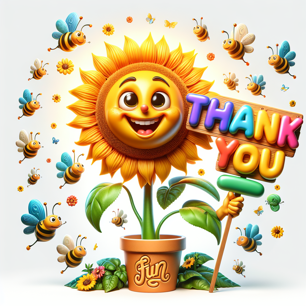 Create an engaging image showcasing an anthropomorphic sunflower with a radiant and jovial expression. This sunflower is holding a vibrant sign with the words 'Thank You' written in playful, bubble letters. Surrounding the sunflower, there are lively bees and butterflies, contributing to the joyous atmosphere of the scene. The pot where the sunflower resides has the word 'Fun' embossed into it, adding a playful touch to the overall theme of gratitude and happiness.
Generated with these themes: Thank you, and Fun.
Made with ❤️ by AI.
