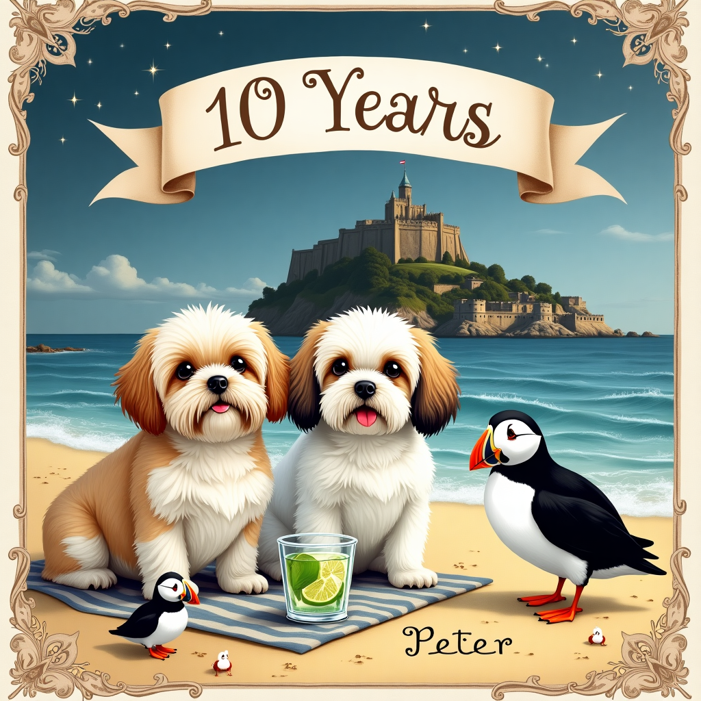 The front cover of the greeting card features an intricately detailed seaside scene, with a focus on St Michael’s Mount in the background, beautifully rendered in muted tones of blue and gray. This dramatic landmark rises majestically from the ocean, its rocky base and crowning medieval castle meticulously captured, providing a breathtaking backdrop. 

In the foreground, three charming Shih Tzu dogs are gathered in a lively composition. Two of the dogs are white and tan, their soft fur drawn with delicate, sweeping lines reminiscent of Aubrey Beardsley’s intricate detailing. The third Shih Tzu is white and black, its fluffy coat contrasting starkly against the golden sands. Their expressive faces are captured with Rockwellian attention to character, full of life and realism.

Nestled within this playful grouping, a small banner stretches across the top, elegantly draped above them, displaying "10 Years" in a classic, serif font, suggesting a decade of joy and companionship. The banner flutters gently as if caught in a sea breeze, echoing the style of Arthur Rackham's fluid illustrations.

On the sandy beach, a pair of vibrant puffins stand with their distinctive black and white plumage and colorful beaks, bringing a touch of whimsy and echoing the narrative style of Beatrix Potter. They are placed near a small beach towel where a crystal-clear glass of gin and tonic rests, complete with a slice of lime and effervescent bubbles sparkling under the imaginary sunlight, executed with the lush color palette of Maxfield Parrish.

In a whimsical twist, the name "Peter" is cleverly integrated into the scene. It is etched into the sand near the edge of the water, where tiny waves gently kiss the letters, an homage to Quentin Blake's playful simplicity. This subtle yet significant detail provides a personal touch to the artwork.

Above, the sky transitions into a serene twilight, where stars begin to twinkle softly, reminiscent of a Gustave Doré nightscape. The entire composition is bordered by an Edward Gorey-esque ornate frame, adding a touch of elegance and sophistication to the card, making it both a work of art and a heartfelt memento.
Generated with these themes: Two white and tan shih tzu dogs, One white and black shih tzu dog, 10 years banner, Seaside scene with St Michael’s mount, Puffins , and Gin and tonic .
Made with ❤️ by AI.