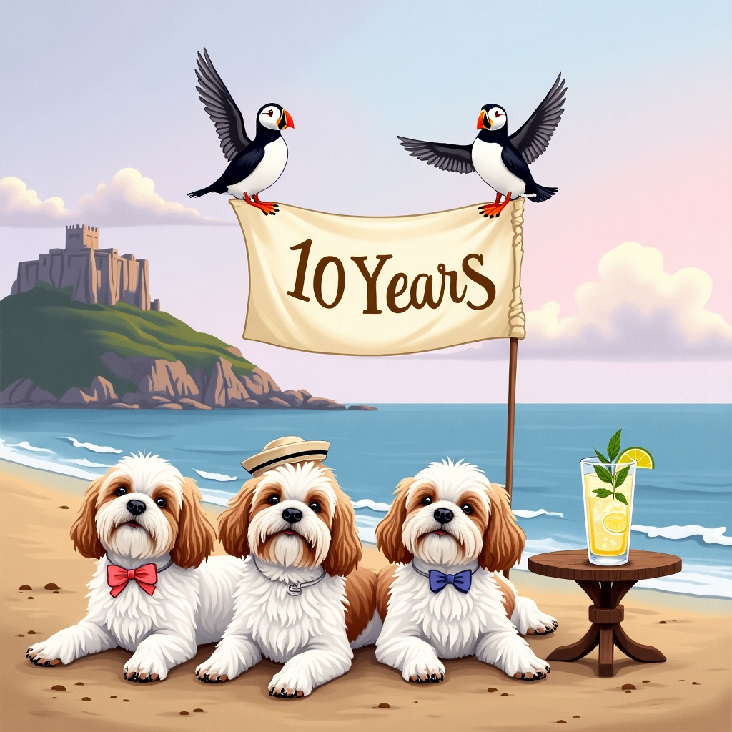 In this detailed anniversary greeting card illustration, imagine a picturesque seaside scene, set against the backdrop of the majestic St Michael’s Mount, its granite peak rising against a soft, pastel twilight sky, filled with subtle hues of lavender and pale pink.

In the foreground, three charming Shih Tzu dogs lounge in a playful, yet elegant arrangement. Two of the dogs are white and tan, their soft fur flowing gently in the seaside breeze. They are adorned with small, pastel-colored bows around their necks, echoing the twilight sky. The third Shih Tzu is white and black, with a distinctive coat pattern that stands out against the soft sandy shore. This dog has a miniature sailor's hat perched jauntily on its head.

Above the trio of dogs, a whimsical "10 Years" banner flutters in the gentle breeze, crafted in a classic, vintage style reminiscent of N.C. Wyeth’s dynamic scenes. The banner is held aloft by two cheerful puffins, their bright beaks contrasting sharply with their sleek black and white bodies. The puffins are playfully perched on either side of the banner, wings outstretched in a graceful arc.

Nearby, on a quaint, weathered wooden table, a classic gin and tonic rests invitingly. The glass is adorned with a sprig of fresh mint and a delicate slice of lime, catching the light of the setting sun. The sea's gentle waves are lapping at the shore, capturing the serene and timeless quality often found in the works of Beatrix Potter.

On the horizon, where the sea meets the sky, faintly inscribed in wispy clouds, is the name "Peter," an elegant, subtle addition to the scene. The clouds are illuminated by the last rays of the sun, providing a perfect, natural canvas for the name, blending seamlessly into the tranquil setting.

The overall composition is rich in detail, combining the charming whimsy of Quentin Blake with the intricate, expressive lines of Aubrey Beardsley, creating a visually captivating card front that celebrates a decade of love and companionship in a unique and memorable way.
Generated with these themes: Two white and tan shih tzu dogs, One white and black shih tzu dog, 10 years banner, Seaside scene with St Michael’s mount, Puffins , and Gin and tonic .
Made with ❤️ by AI.