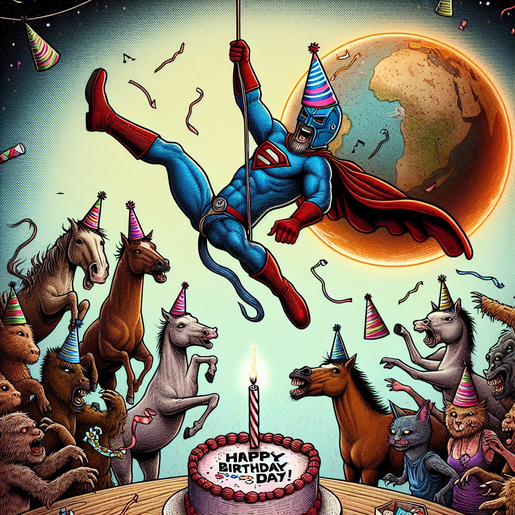 A whimsical birthday illustration depicts Spider-Man hanging upside down from his web, donning a party hat, as he swings over a comically apocalyptic 'The Waking Dead' themed party. Horses and cats, both in festive attire, are seen dancing to Nirvana's greatest hits, with one cat dramatically lip-syncing with a toy microphone. A birthday cake in the center shows a mix of these elements, combining superhero antics with rock and roll and the living dead.
Generated with these themes: Spider-Man , Waking dead, Horses, Cats, and Nirvana.
Made with ❤️ by AI.