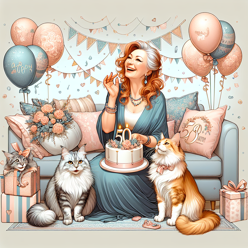 Create a lively image of a birthday party where the main focus is a middle-aged, enterprising woman celebrating her 50th birthday, who is appreciated by the name 'Nena'. She is joyously surrounded by her treasured pets, Maine Coon cats, they add a cozy and charming ambiance to the scene. The decoration element includes soft-hued colors, with embellishments such as balloons and party streamers, setting a jubilant mood. The illustration captures her vibrant persona as well as the unique relationship she shares with her cats.
Generated with these themes: Entrepreneur woman, Maine coon cats, 50th, and "Nena".
Made with ❤️ by AI.