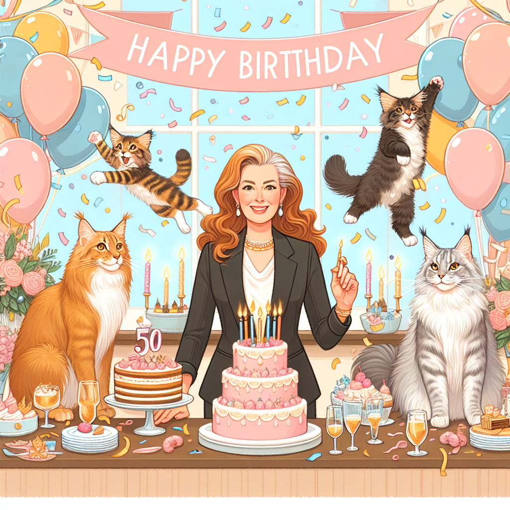 Create an image that depicts a heartwarming birthday celebration. The central figure is Nena, a successful entrepreneur of Hispanic descent celebrating her 50th birthday. The scene is cheerful, lavishly decorated with balloons, cake, confetti in soft pastel hues. Maine Coon cats are present at the scene, playfully interacting with the various elements of the party. The illustration highlights the fusion of Nena's professional success with her love for her pets, reflecting a well-rounded personality and a joyous milestone celebration.
Generated with these themes: Entrepreneur woman, Maine coon cats, 50th, and "Nena".
Made with ❤️ by AI.
