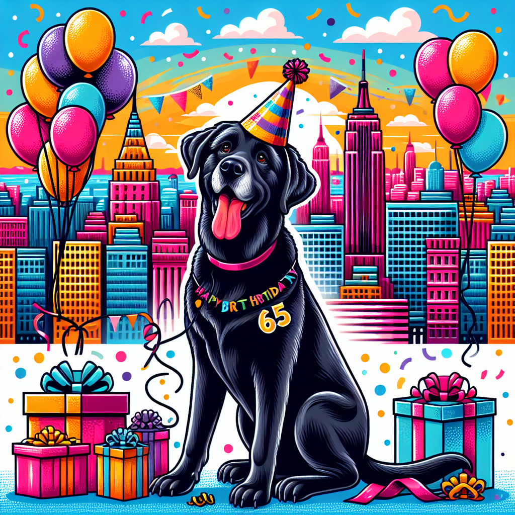 Create a heartwarming vector design set against a vibrant cityscape resembling New York with its famous landmarks in the background. The focal point of the image is a jubilant 65-year-old Black Labrador, which is depicted playfully pawing at floating balloons. The Labrador is also depicted wearing a party hat and surrounded by gifts and streamers, thus bringing a festive birthday atmosphere to life.
Generated with these themes: New york, 65, and Black Labrador .
Made with ❤️ by AI.