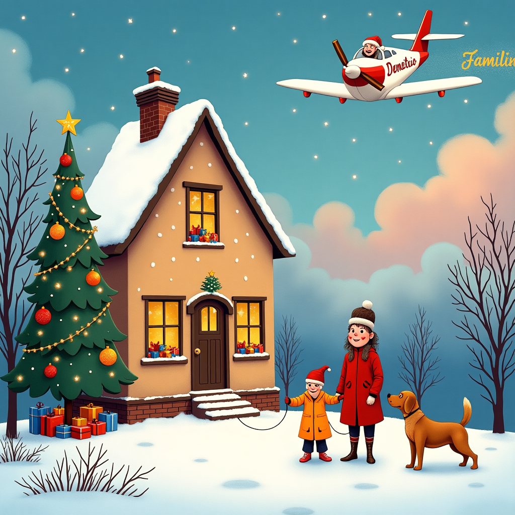 In a whimsical, slightly surreal Christmas card scene, imagine a charmingly wonky house sitting cozily in the center, its open window showcasing a sparkling Christmas tree with twinkling lights and a cascade of colorful presents beneath. Outside, a mother and her daughter, bundled up in vibrant winter coats and hats, stand joyfully in the light dusting of snow that blankets the ground. They each hold the leash of a spirited, cartoonish dog; one a fluffy golden retriever and the other a scrappy little terrier, both with oversized, playful eyes full of excitement. Behind the house, the stately tower of Mondovi's monastery peeks into the scene, lending an air of historic gravitas amidst the frivolity.

Above, in the gradually deepening sky of a nearing dusk, fluffy clouds scatter across a watercolor blend of pinks and purples. Among them, a white sport plane zooms across, with the name "Demetrio" painted boldly on its side. The pilot, a jolly man with rosy cheeks and a Santa hat, waves energetically down at the scene below. Cleverly, trailing behind the plane is a long banner made of twinkling stars that spell out "Familia," the name twinkling as if written by the universe itself.

This card, inspired by a combination of the playful, detailed linework and rich narrative landscapes akin to those by Bill Watterson and Charles Schulz, captures the humor and warmth of a festive gathering, inviting the viewer into a world where the mundane meets the magical in a perfect holiday blend.
Generated with these themes: Winter season with light snowing weather and day time nearly dusk, In the middle is house with opened window, christmas tree and few present, In front of the house are woman with doughter and two dogs, Behind the house monastery tower of city Mondovi, and Up in the Sky Is White sport planě with name on ot Demetrio and inside is man waving down.
Made with ❤️ by AI.