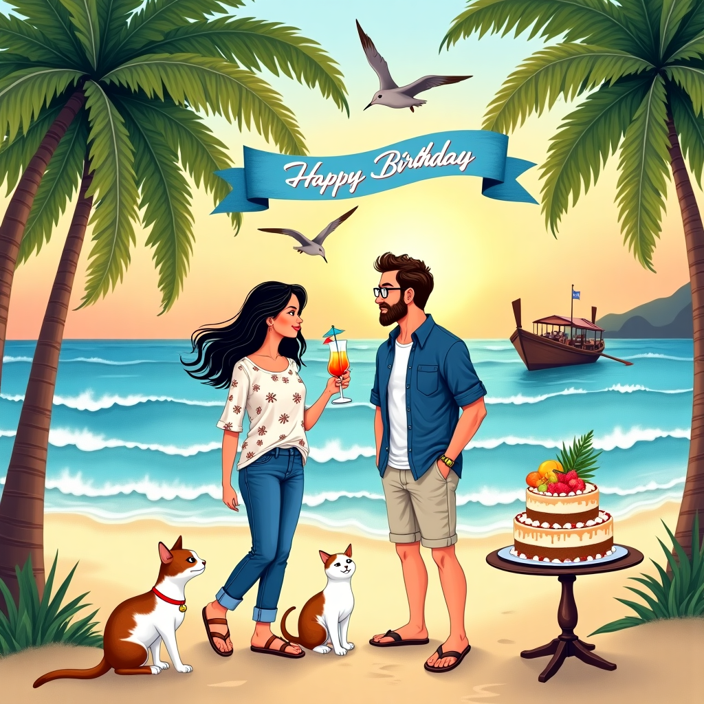 On the front cover of this birthday card, imagine a vivid, detailed illustration bustling with life and energy, infused with the charm of Norman Rockwell and the whimsy of Quentin Blake.

At the center, a scene of romance unfolds on a sunlit beach, a nod to Thailand’s stunning shores. A Thai lady with long, flowing dark hair, wearing stylish blue jeans and a white blouse adorned with delicate floral patterns, stands with a playful demeanor. Her hands are tucked casually in her pockets, and her face is turned towards her partner. She sports a pair of sandals that leave gentle prints in the sand.

Beside her, a handsome English guy with a short, neat brown beard wears light-colored shorts and a blue shirt, its sleeves casually rolled up. His wire-rimmed glasses catch the sunlight as he looks affectionately at her. He holds a tropical drink in one hand, complete with a small cocktail umbrella.

Sitting by their feet is a white cat with ginger and black splotches on its fur, a red collar with a tinkling bell around its neck. The cat gazes curiously at the frothy waves, as if contemplating an adventure.

In the background, gentle waves lap at the shore, capturing the essence of a serene Thai coastline. Palm trees frame the scene, their leaves swaying lightly in the breeze. Overhead, a banner flies whimsically in the sky, carried by two playful seagulls. The banner, a fluttering ribbon of vibrant blue, carries the name "Poppy" in bold, artistic lettering, as if drawn by a hand with a flair for the unique.

Nearby, a small, round table rests on the sand, bearing a layered birthday cake. The cake is elaborately decorated with delicate sugar orchids and tropical fruits, reflecting the rich colors of a Thai marketplace.

The entire scene is set against a backdrop of soft, watercolor skies transitioning from warm golds to gentle pinks, evocative of a setting sun. This blend of colors gives the card a romantic glow, punctuated by the distant silhouette of a traditional Thai longtail boat gently bobbing on the horizon, suggesting the journey of a long-distance relationship united in spirit.

The card cover captures a rich tapestry of textures, patterns, and hues that invite viewers into a storybook moment filled with adventure, culture, and a shared celebration of love and birthdays.
Generated with these themes: Thai lady long hair in blue jeans, Hansom English guy with short brown beard in shorts and blue shirt with glasses, White cat with ginger and black sploges and red collar with bell, Thailand, Romantic, Long distance relationship, and Happy birthday.
Made with ❤️ by AI.