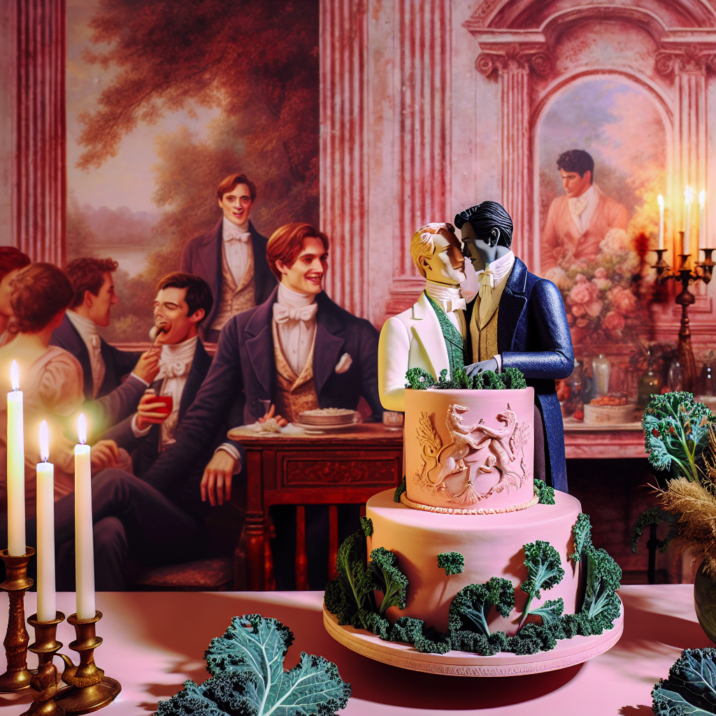 In this birthday setting, the room is splashed with hues of blushing pink, creating a joyful yet believable atmosphere. The main highlight is an elaborately crafted cake, where the edible figures of a joyous, fair-haired man and a sneering man with slick, dark hair stand together, encircled by an artful incorporation of kale leaves as decoration. The walls are adorned with sophisticated images of boys of different descents kissing, their forms detailed and emotive amidst the festive ambiance. The gentle luster of the candles enhances the realism of the scene, creating a blissful equilibrium between the fantastical and the realistic.
Generated with these themes: Nicolas cage , Kale, Draco malfoy, Pink, and Boys kissing .
Made with ❤️ by AI.