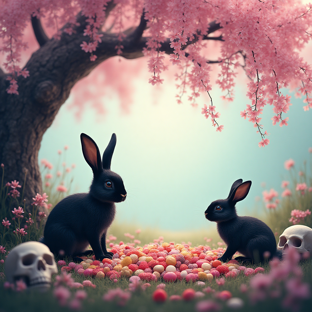 ### Image Prompt

A dreamlike scene unfolds beneath the boughs of a cherry tree in full bloom, its blossoms cascading like pink whispers upon the ethereal landscape. In the foreground, a black rabbit with a delicate white nose curiously gazes into the distance, while nearby, a black lop-eared rabbit nestles amid a scattering of vibrant, colorful sweeties that form an intricate mosaic on the ground. Gothic undertones thread through the image, as skulls peek playfully from the underbrush, their hollow eyes seemingly enchanted by the surreal whimsy of the scene. Ethereal light casts long shadows and imparts a romantic glow, transforming the bizarre into beauty. Above it all, a soft, dreamy caption floats: "Hopping into another year of sweet, surreal adventures!"
Generated with these themes: Cherry tree, Black rabbit with white nose , Black lop rabbit, Sweeties, Gothic , Skulls, and .
Made with ❤️ by AI.