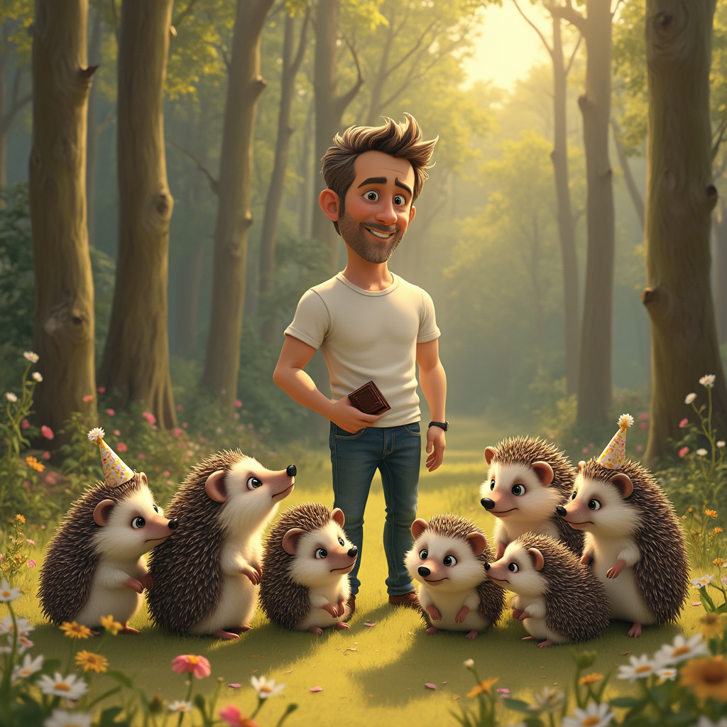 In this whimsical and delightful birthday card scene, picture a charming woodland clearing bathed in the gentle light of a late afternoon sun. In the center of the scene, Ryan Reynolds stands poised and debonair, exuding his signature charisma. He is dressed in a casual yet stylish ensemble—a fitted white T-shirt and a pair of dark denim jeans. Ryan's eyes sparkle with a mischievous glint as he savors a piece of rich, velvety dark chocolate, which he holds with the utmost finesse between his fingers. Surrounding Ryan, a family of hedgehogs gathers with endearing curiosity. The hedgehogs, with their tiny, quivering noses and adorable prickly backs, form a playful circle around Ryan, some sitting on their haunches while others nuzzle closer, perhaps drawn by the alluring aroma of the chocolate. Each hedgehog is distinct; one sports a small daisy perched on its head, another clutches a petite, colorful birthday hat between its paws, ready for a celebration. In the background, tall, slender trees frame the scene, their leaves whispering softly in the breeze, while scattered wildflowers add splashes of color to the forest floor. This enchanting tableau captures a moment of harmonious wonder and celebrates the joy of unexpected friendships—perfect for a birthday greeting that is both unique and heartwarming.
Generated with these themes: Ryan Reynolds , Chocolate , Hedgehogs, and Ryan Reynolds looking sexy eating chocolate surrounded by hedgehogs.
Made with ❤️ by AI.