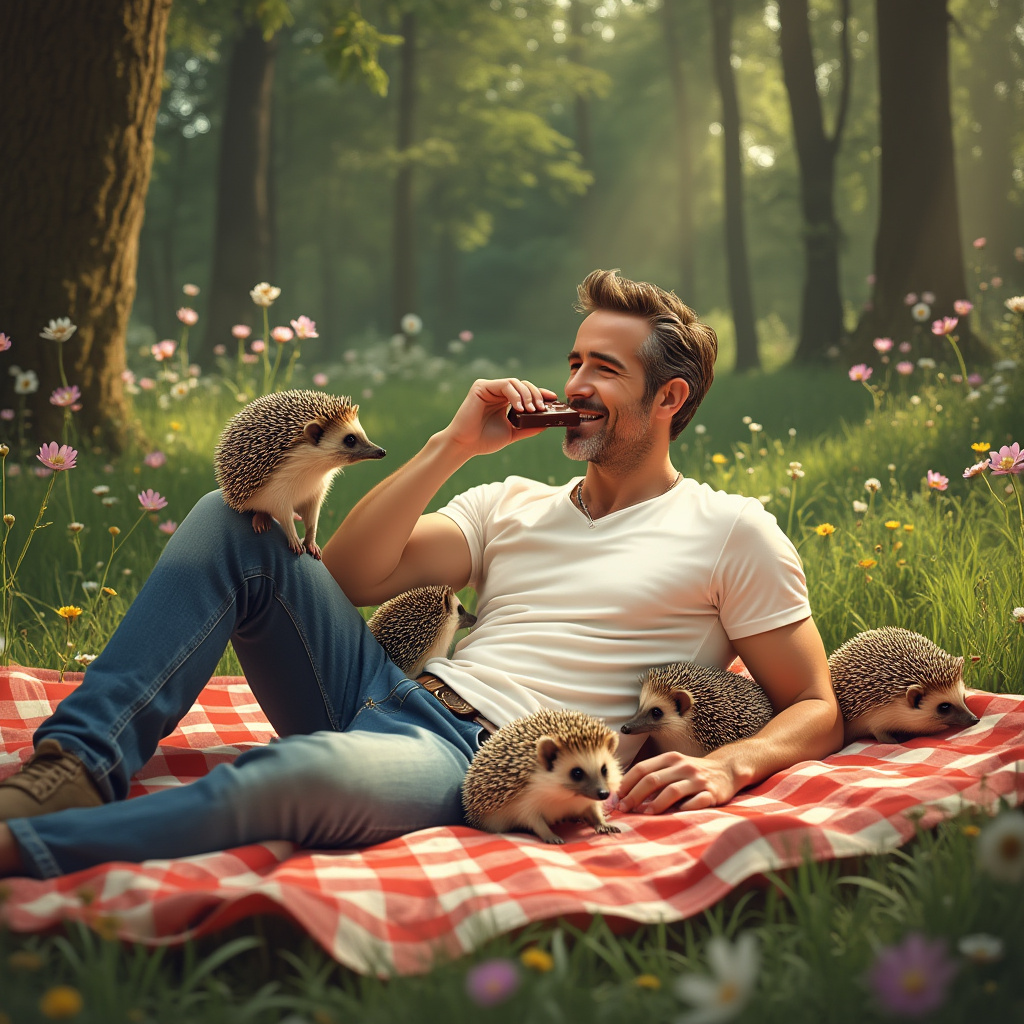 Picture a sun-dappled clearing in a whimsical forest, where nature's palette is alive with hues of green and earthy browns. At the heart of this enchanting grove sits a picnic blanket, playfully checkered in vibrant red and white. On this blanket is none other than the charming Ryan Reynolds, lounging with an effortless grace that belies his movie star status. He’s casually dressed in a fitted white t-shirt and classic jeans, embodying a laid-back elegance. In his hand, he holds a piece of decadent, silky-smooth chocolate, its deep, rich brown contrasting with his smile. As he takes a playful bite, the chocolate catches the light, giving it an almost magical glow. Surrounding Ryan is an adorable troop of hedgehogs, their quills glistening under the sunlight like tiny, earthy crowns. These cute creatures are scattered across the blanket, some nibbling on pieces of chocolate, while others are curiously clambering around Ryan, their tiny eyes sparkling with delight. One particularly bold hedgehog perches on Ryan's knee, holding a piece of chocolate in its tiny paws, seemingly sharing in the indulgence. Dappled light filters through the forest canopy, casting gentle shadows and giving the scene a serene, enchanted ambiance. All around, wildflowers add splashes of color, while birds flit through the trees, making this birthday scene one of charm, warmth, and delightful whimsy.
Generated with these themes: Ryan Reynolds , Chocolate , Hedgehogs, and Ryan Reynolds looking sexy eating chocolate surrounded by hedgehogs.
Made with ❤️ by AI.