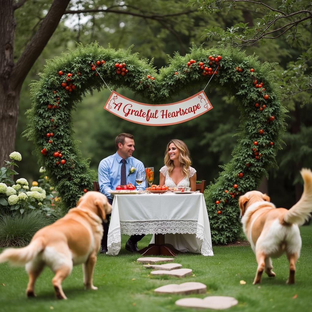 Golden retreivers, Family, Large garden, Thank you NOT birthday, Tomatoes, Wine, Hydrangeas, and Heart shaped items but not romantic Thank-you Card